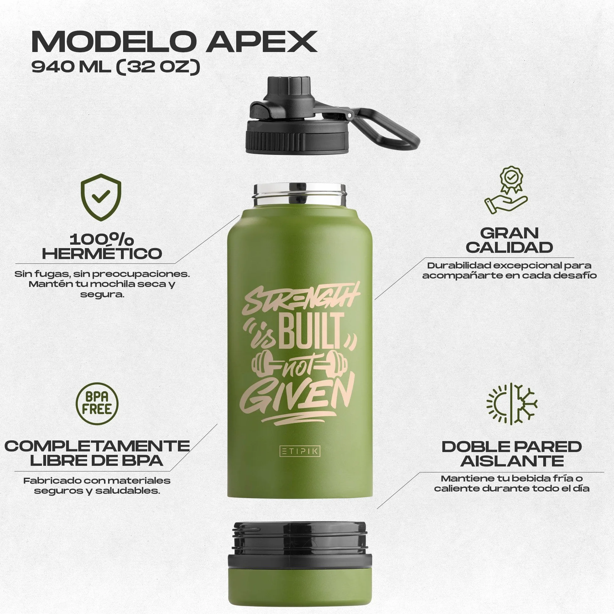 Botella térmica acero inoxidable doble pared 94 cl 32 oz tapa pulsador deportiva