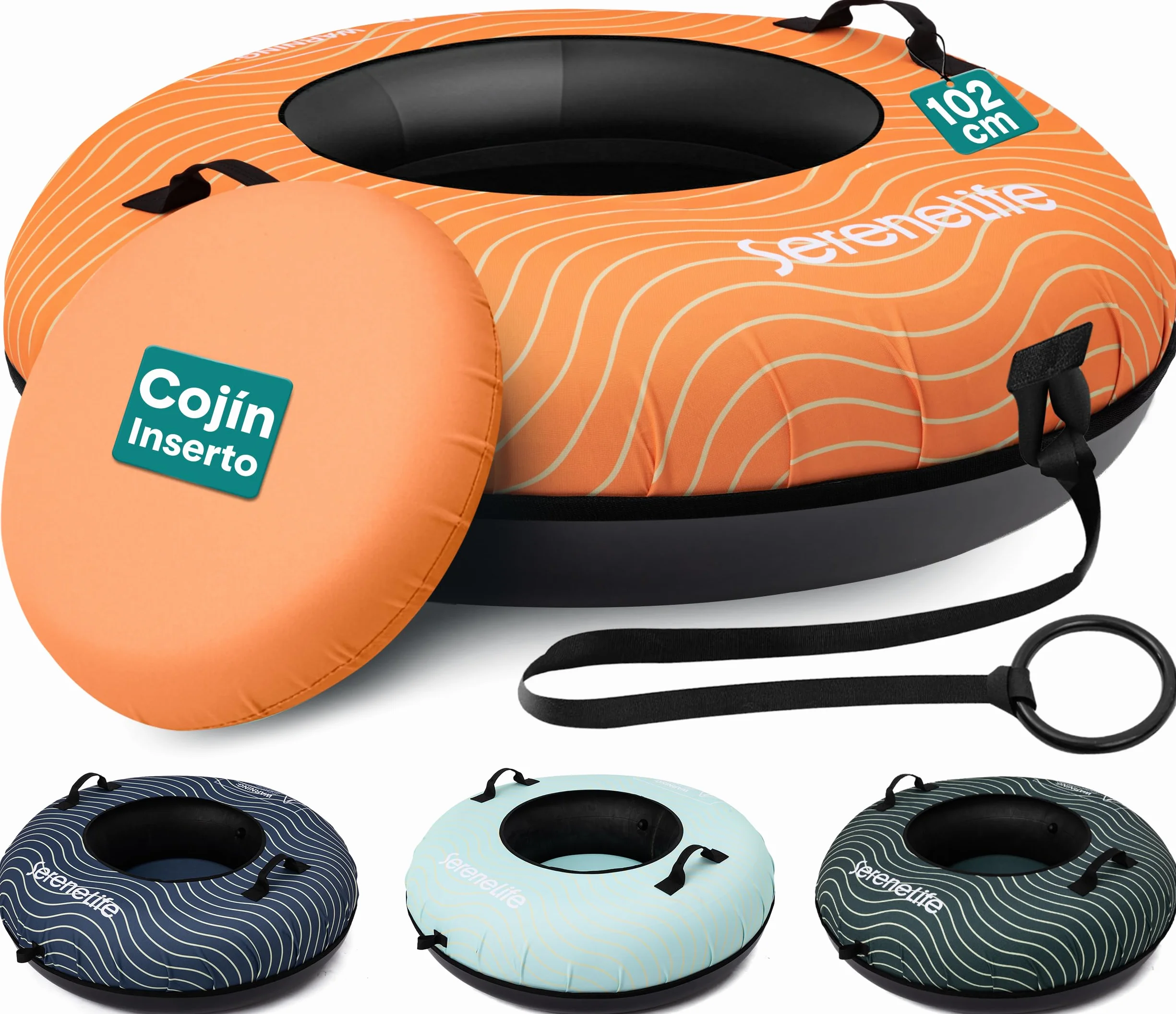 SereneLife Snowtube 101/112/122 cm – Trineo Inflable para Niños y Adultos con Base de Plástico Resistente, Cuerda de Arrastre y Diseño Deslizante para Nieve