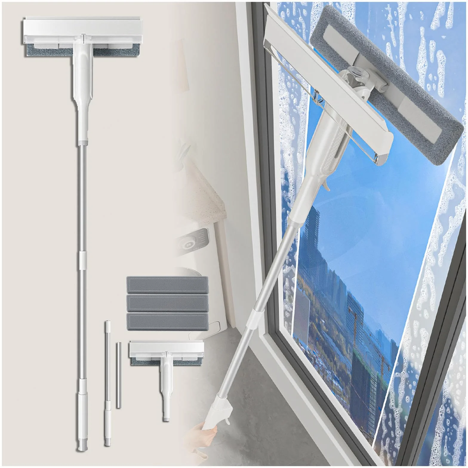4 en 1 Spray Limpiador De Cristales con Colector De Aguas Residuales Y 3 Paños Microfibra, Limpia Cristales con Varilla De Extensión para Baños,Ventanas,Espejos