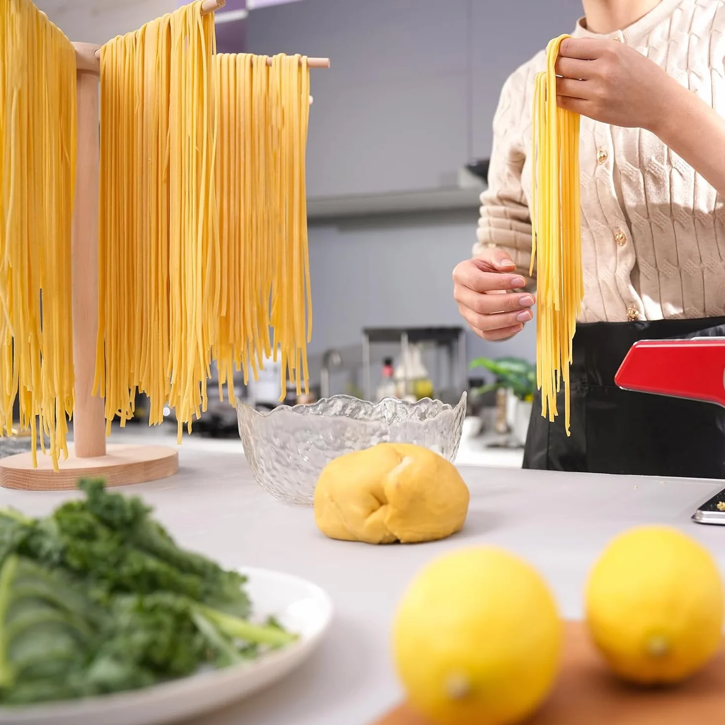 Secador de Pasta, Secador de Pasta Plegable, secador de Pasta Grande de Madera con 9 Brazos extraíbles, Reutilizable para hasta, Altura 45 cm