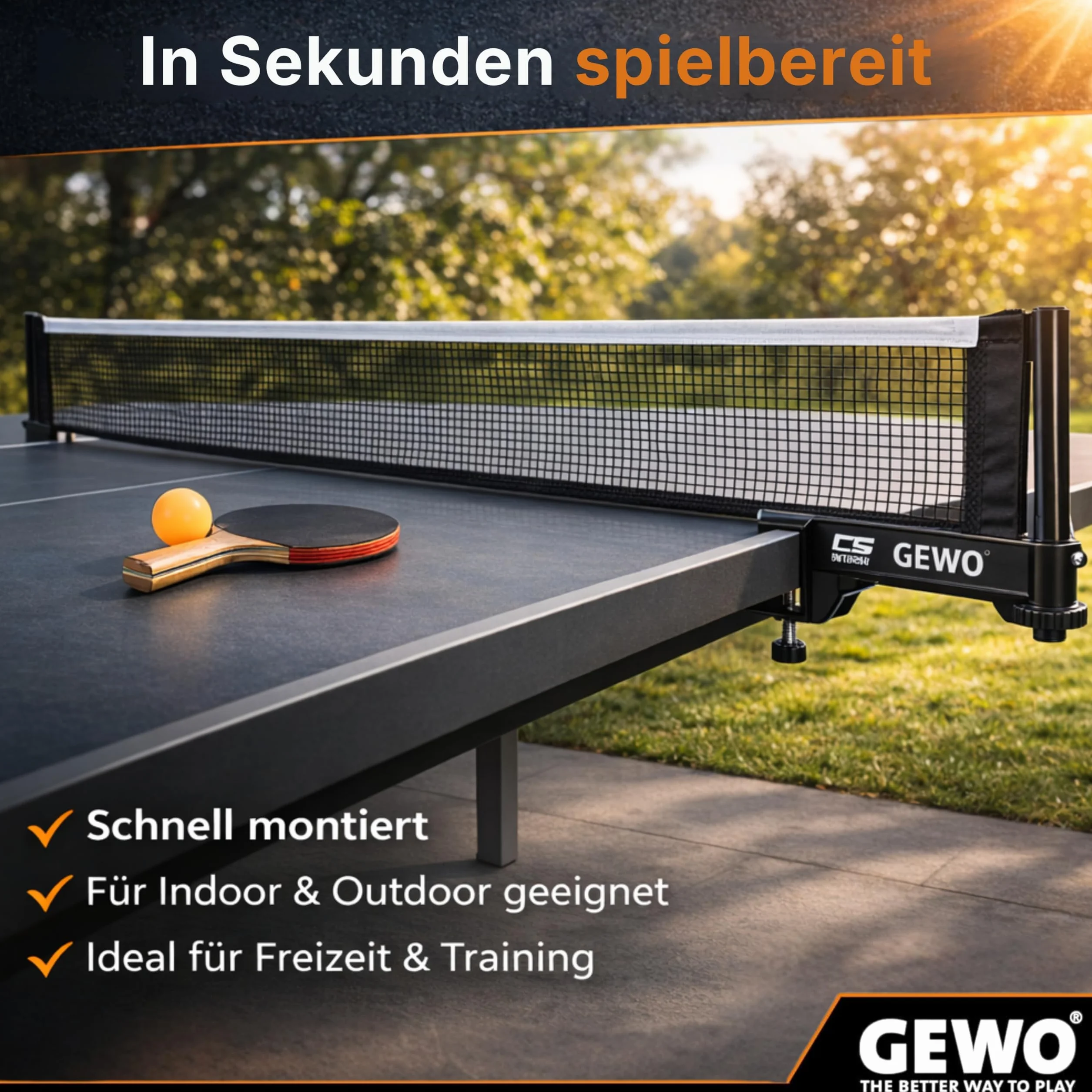 GEWO CS Outdoor Red de Ping Pong para Exteriores, Resistente a la Intemperie, Soportes de Red, Tornillo de Ajuste de Altura