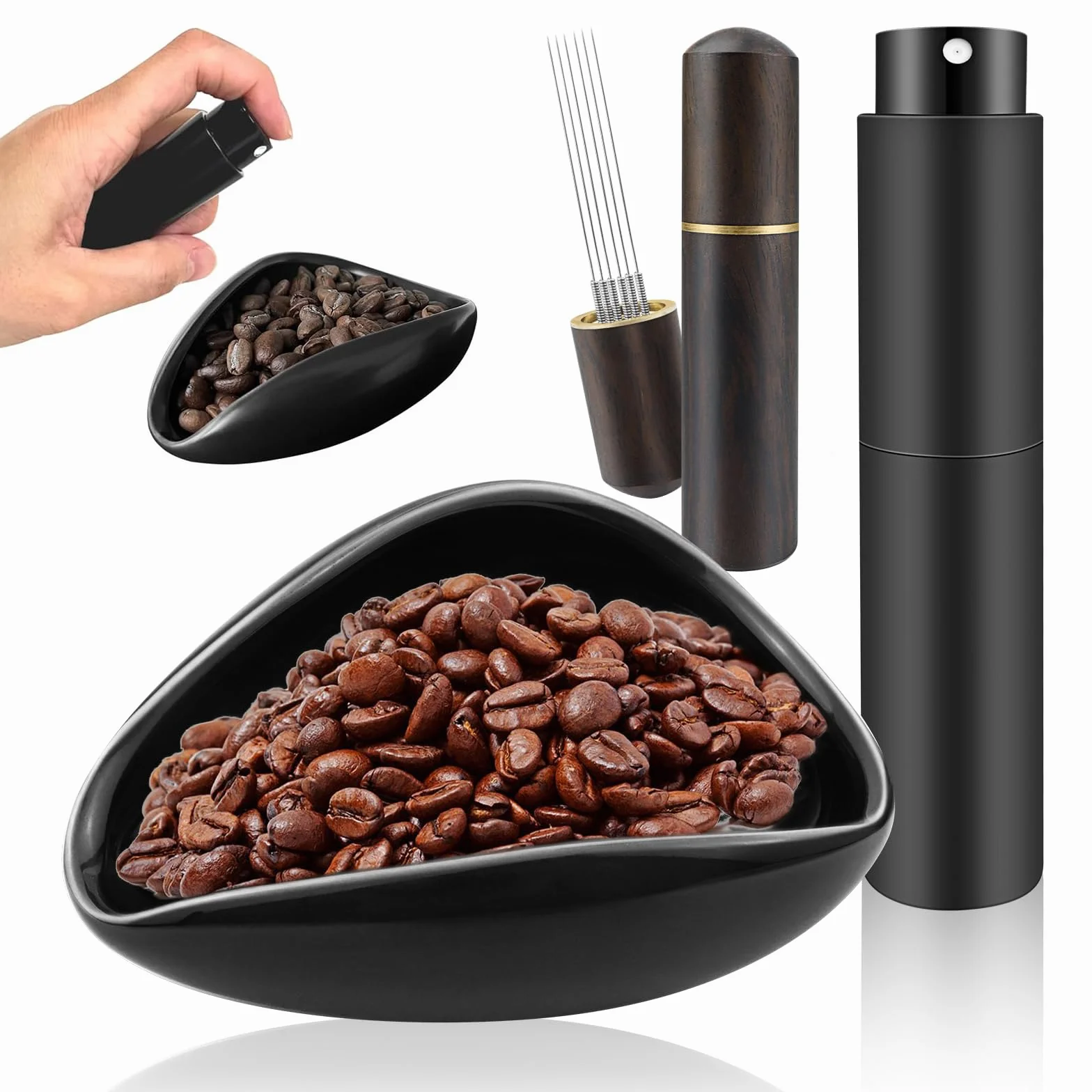 Juego de 3 vasos dosificadores de granos de café, color negro, juego de herramientas, incluye herramienta Wdt de madera, taza de café y botella de spray RDT para café, té y regalos