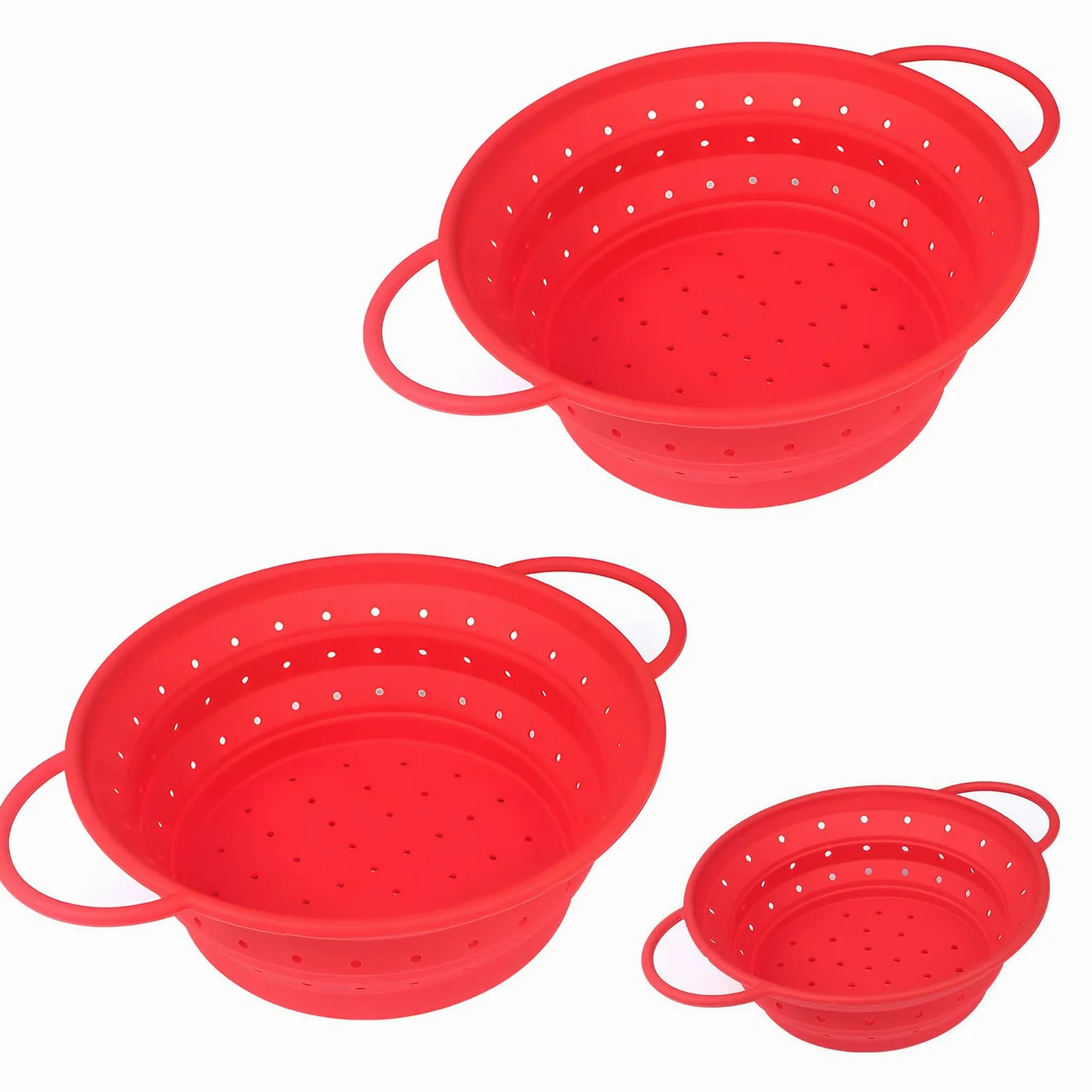 Juego de 3 coladores plegables de silicona que incluye diferentes tamaños para varias tareas de cocina, diseño de ahorro de espacio, colador de camping