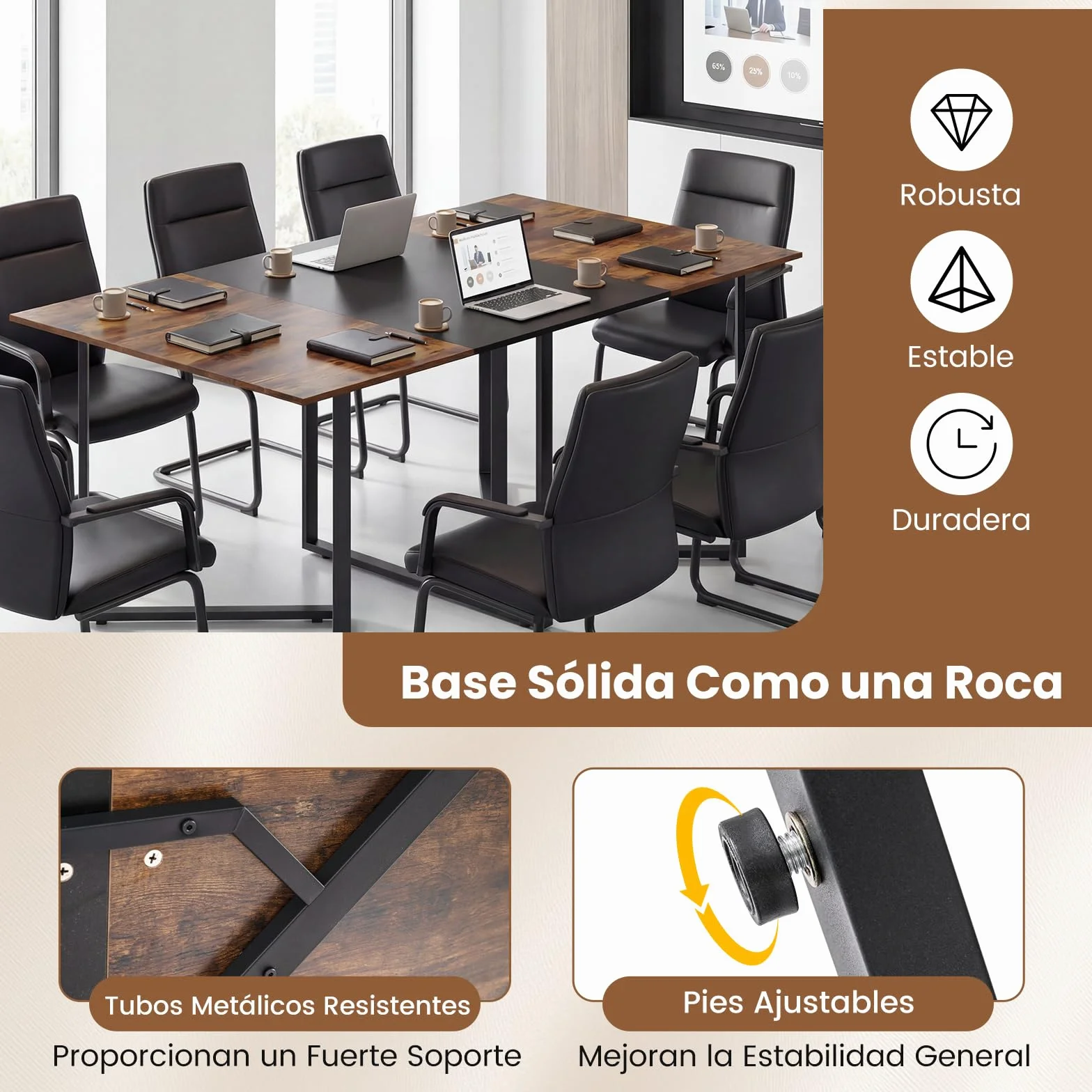 GYMAX Escritorio para Ordenador de 180 cm, Mesa de Conferencias para 6-8 Personas, Gran Mesa Rectangular con 2 Pasacables, Estilo Industrial, para Sala de Reuniones, Sala de Juntas, Oficina