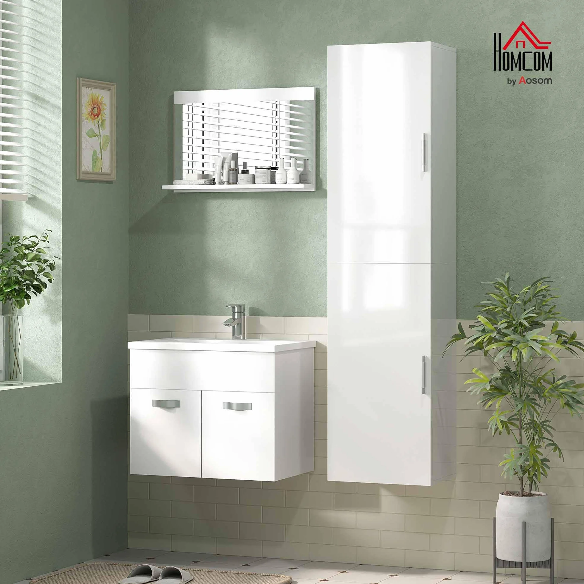 HOMCOM Armario de Baño de Pared Columna de Baño Estrecho con Estantes Ajustables y 2 Puertas Mueble de Baño Moderno para Espacio Pequeño 40x30x160 cm Blanco Brillo