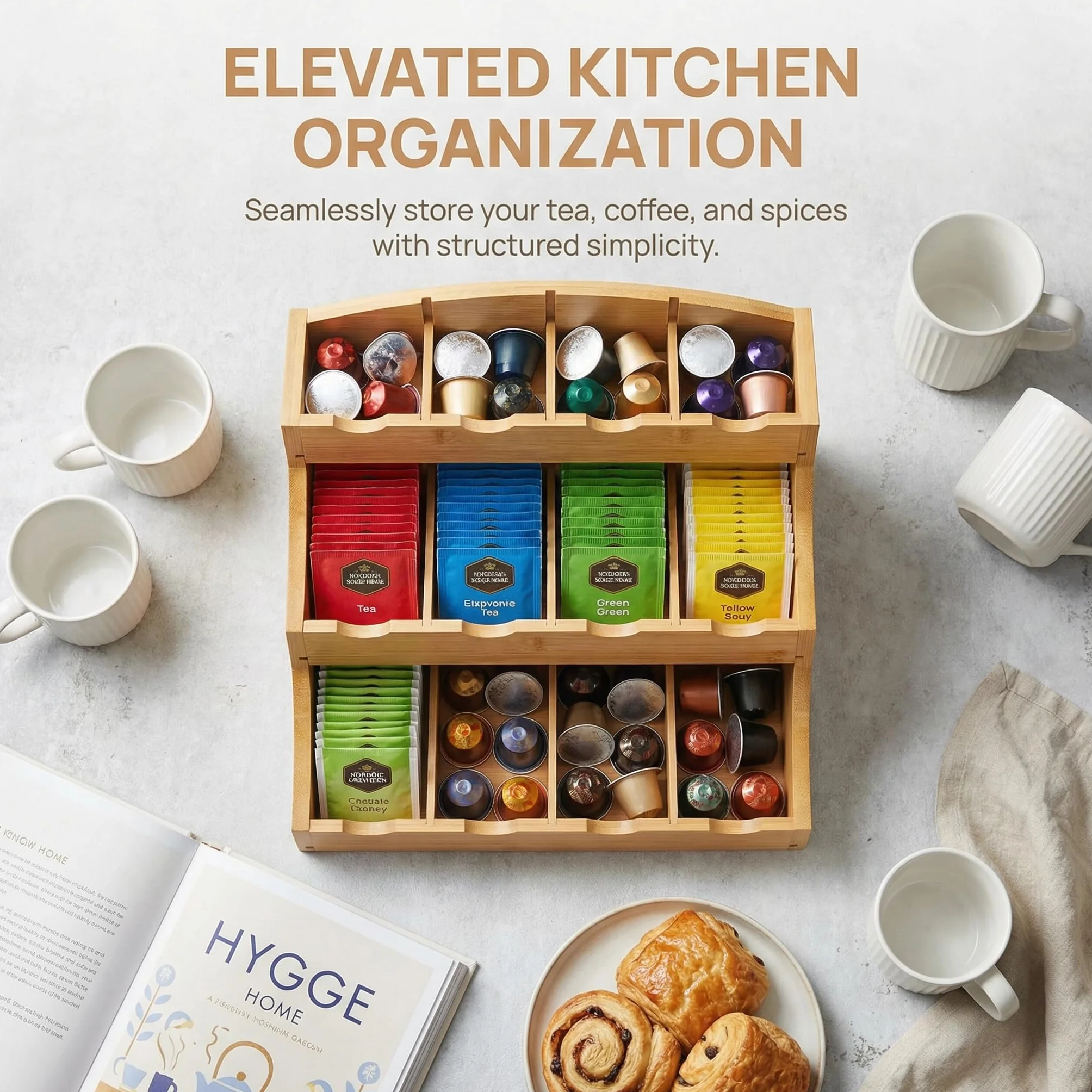 Organizador Infusiones Vertical y Bolsitas de Té, Organizador Bolsas de Té con 3 Niveles y 12 Compartimentos, Soporte Bolsitas de Tea de Bambú, Estante de Tea y Cápsulas de Café- 30x25x20cm