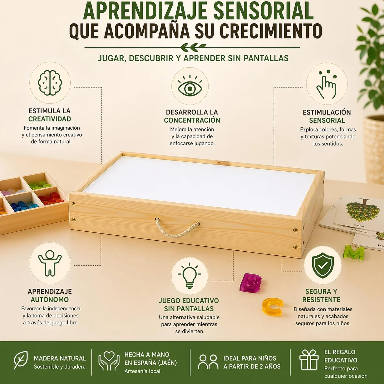 Mesa de Luz Montessori Infantil de Madera con Luz LED Regulable – Juego Sensorial y Educativo – Fabricada en España – Varios Tamaños