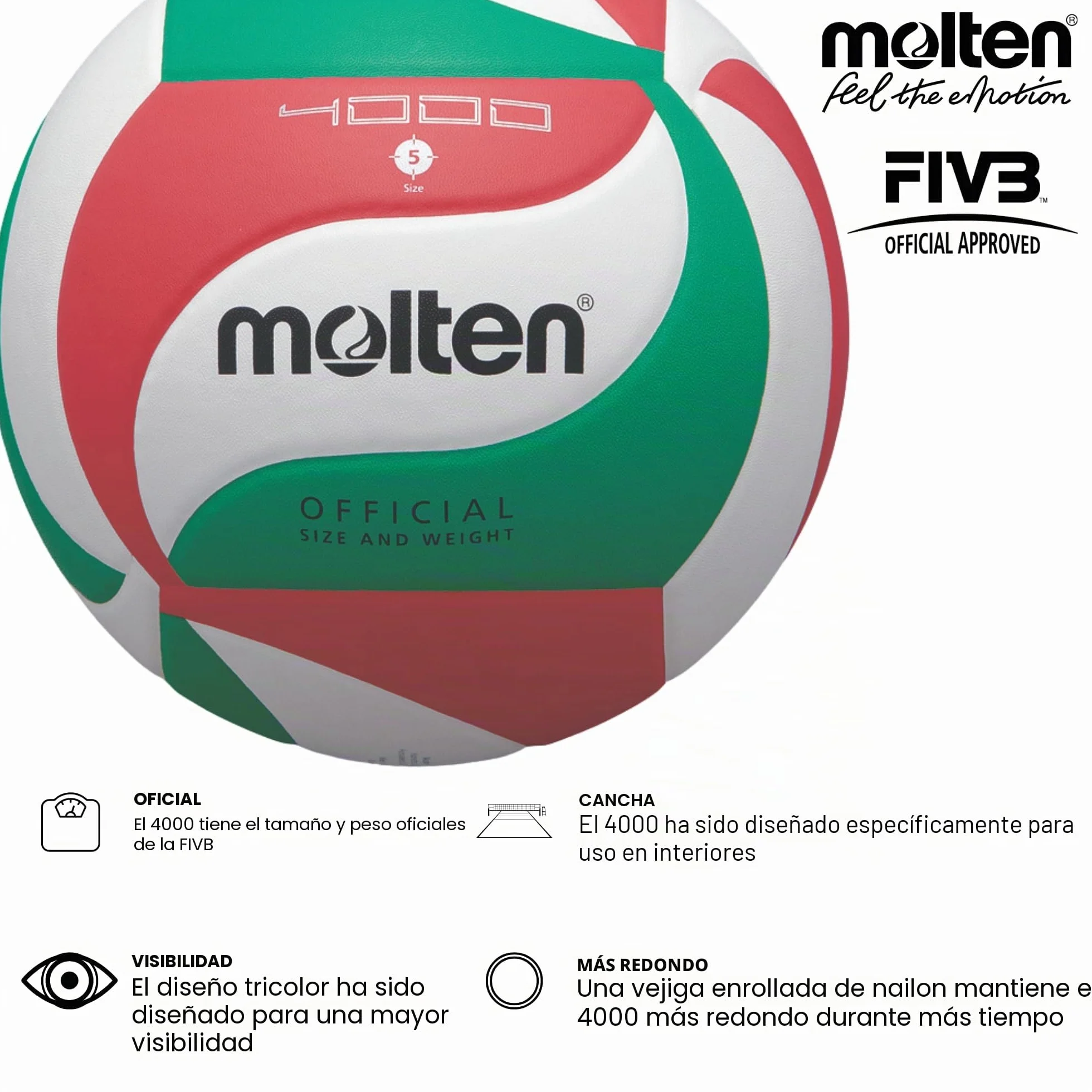 Molten VM4000 Balón de Voleibol Talla 5 Blanco Rojo Verde