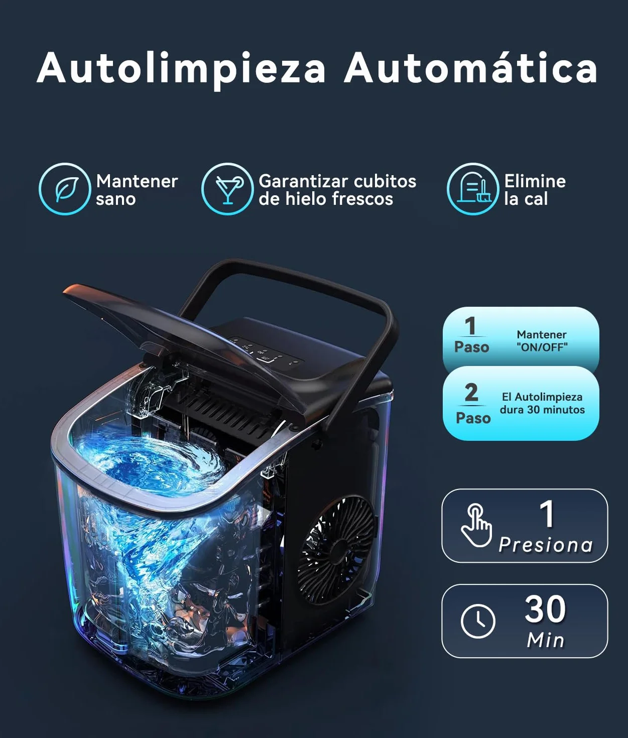 ecozy Máquina de Hielo, 12 Kg/24 Koras, 9 Cubitos de Hielo en 6 Minutos, 2 Tamaños de Hielo, Máquina de Hielo Autolimpiante, Maquina de Hielo Portátil Para Casa el Hogar/Fiesta/Cocina/Bar