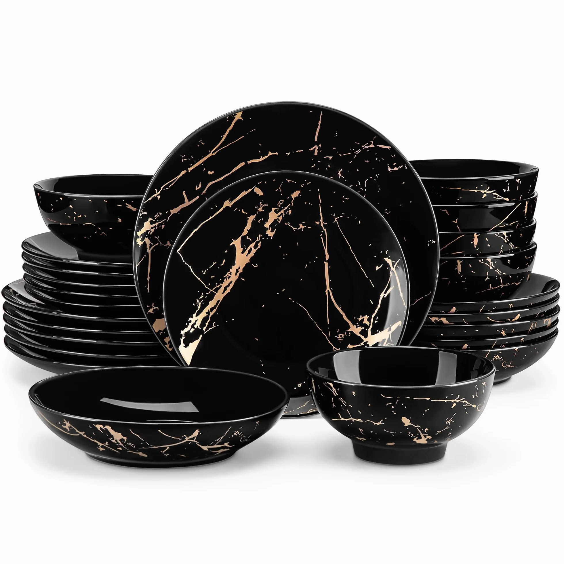 LOVECASA Daphne - Vajillas Completas para 6 Personas, 24 Piezas, Juego de Platos Vajilla Moderna de Porcelana - Cuencos, Platos de Postre, Llanos y Hondos - Diseño Negro y Dorado