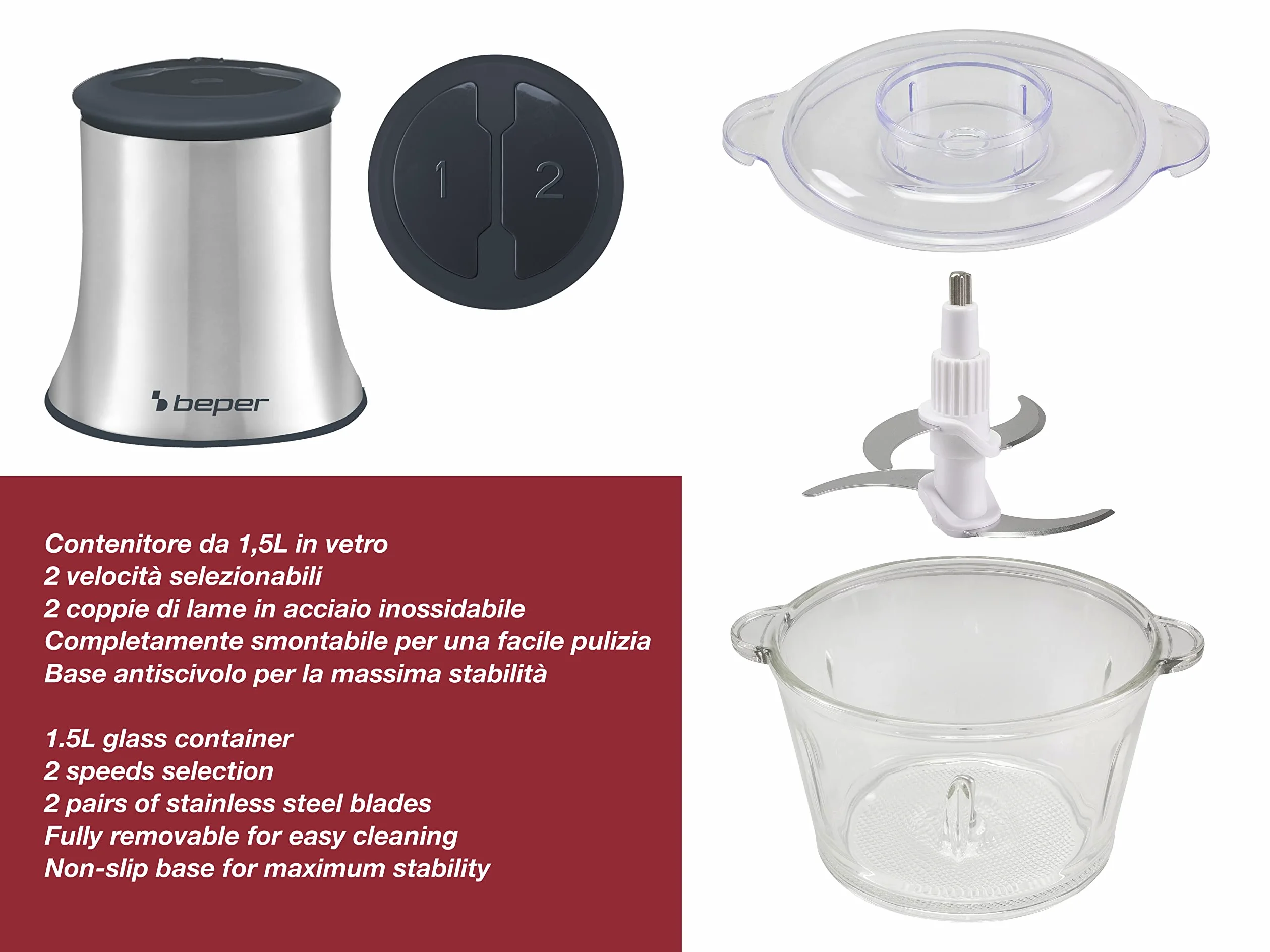 BEPER P102ROB001 Picador de vidrio, Recipiente de vidrio, Cuerpo Abs, Doble par de cuchillas de acero, 2 velocidades, Base antideslizante, Capacidad 1.5L, Gris/Negro