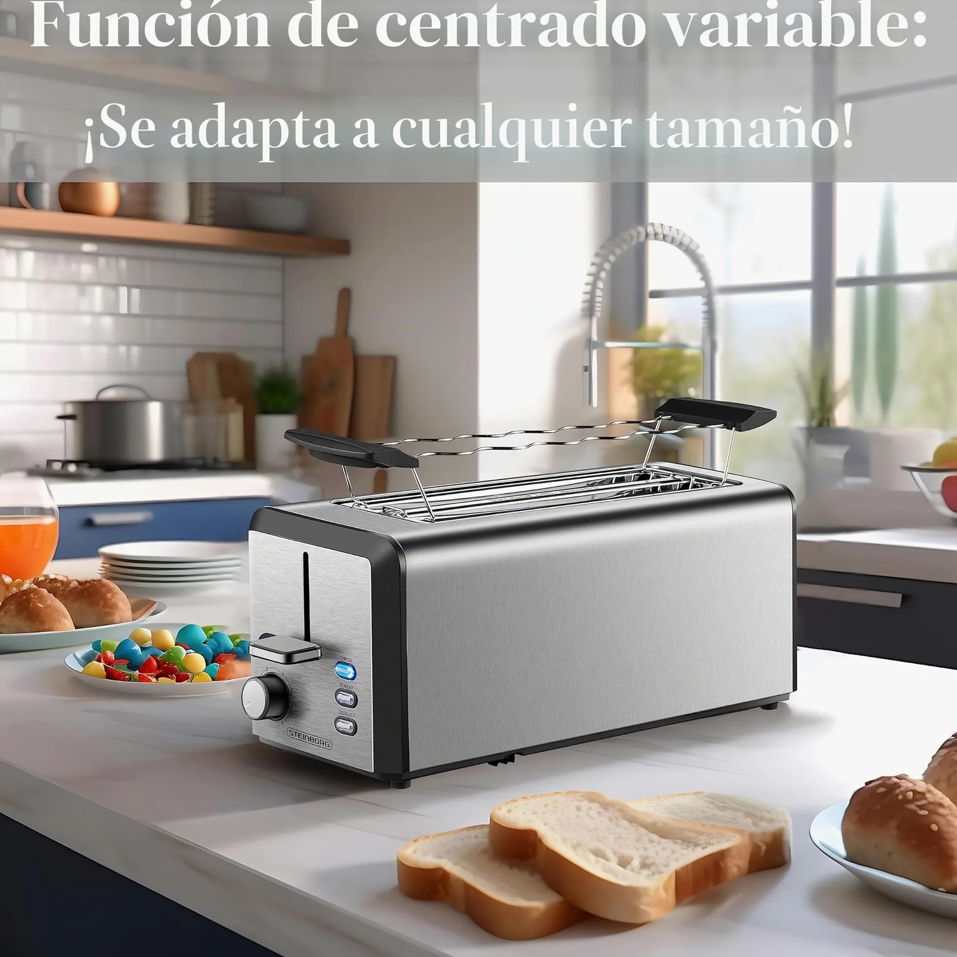 Tostadora XXL | 4 rebanadas | 1500 W | 6 niveles de control | accesorio para panecillos | función de descongelación | bandeja recogemigas | acero inoxidable