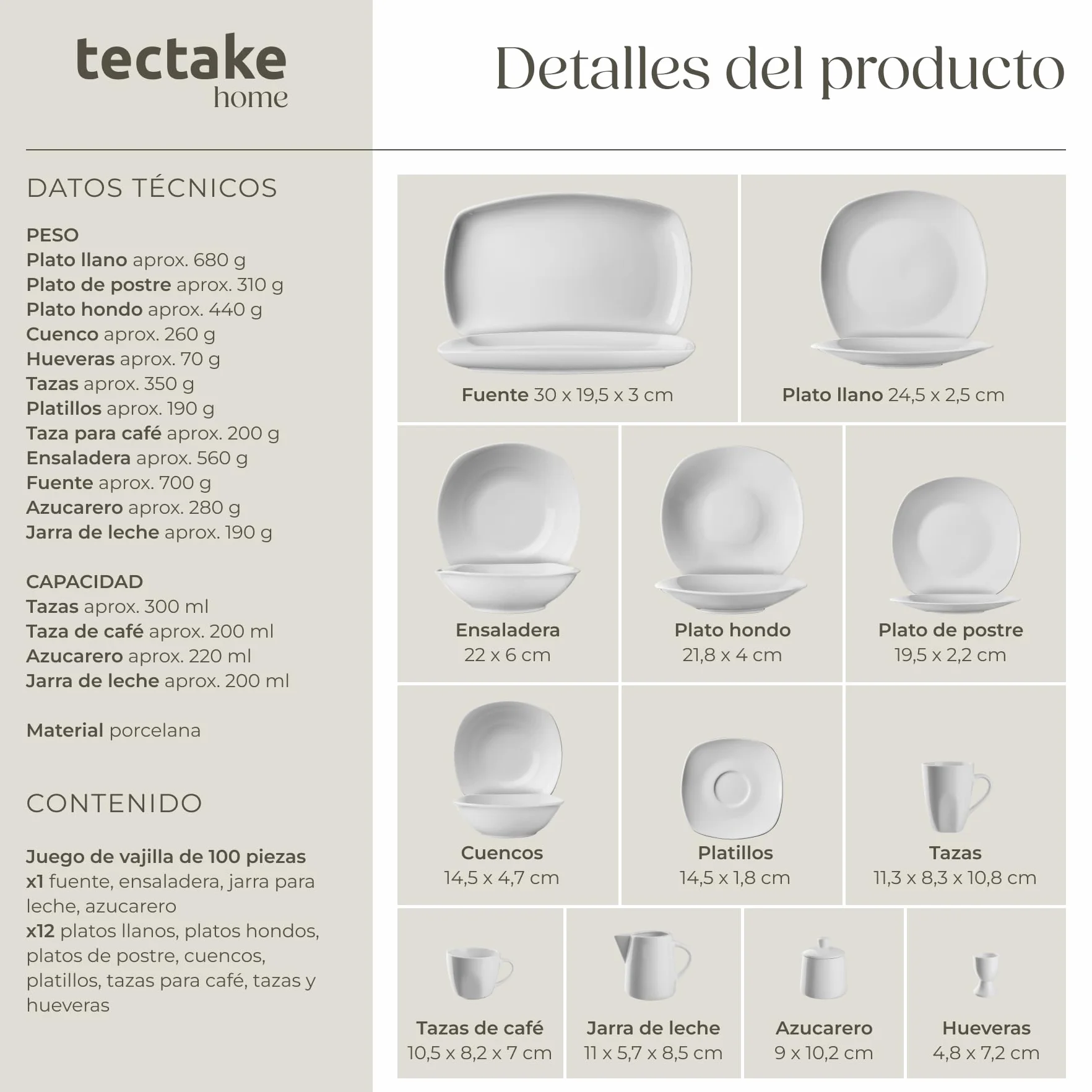 tectake® Juego de Vajilla de Porcelana, 100 Piezas para 12 Personas, Apta para Lavavajillas y Microondas, Platos y Cuencos Apilables, Resistente a Arañazos, Vajilla Completa Ideal para Cocina Moderna