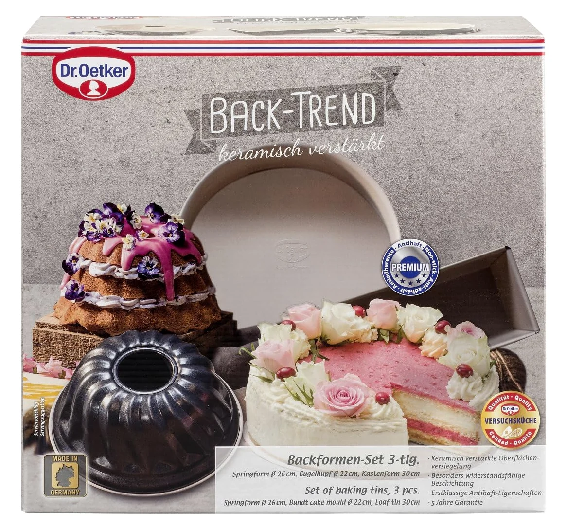 Dr. Oetker Back-Trend 4869 - Juego de 3 moldes para horno (aleación de acero, 3 unidades) | Molde desmontable con revestimiento antiadherente reforzado con cerámica, resistente al calor hasta 230 °C, a prueba de fugas