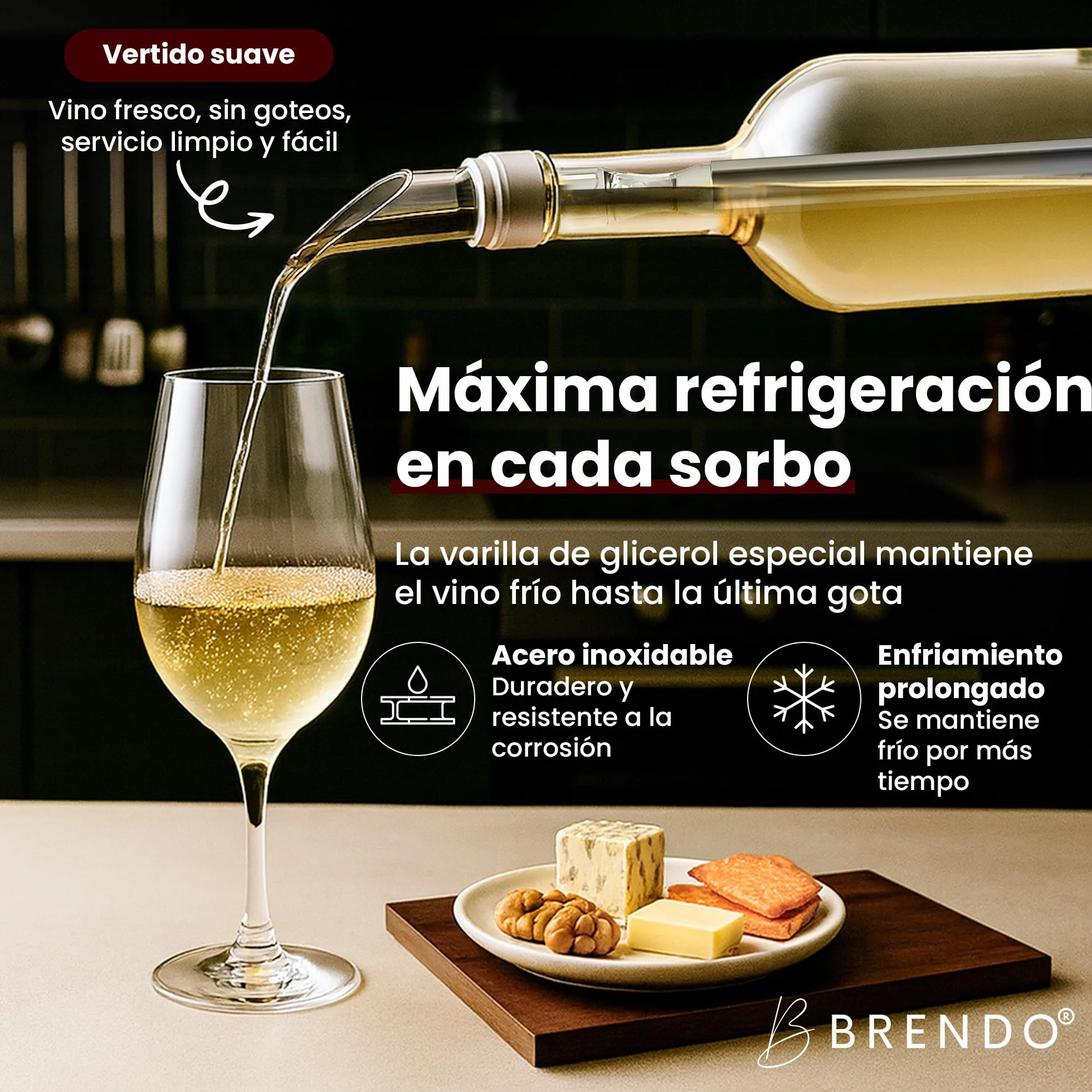 Brendo Enfriador de Botellas de Vino 4 en 1 – Varillas Enfriadoras de Acero Inoxidable en 2 Longitudes + Vertedor + Decantador + Tapón | Set de Regalo para Hombres y Mujeres | Accesorios para Vino