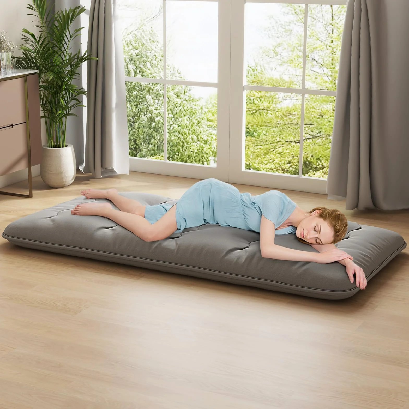 GOPLUS Colchón Futón Japonés 1/2 Personas, Colchoneta Plegable y Portátil con Bolsa de Transporte, Tapete de Tatami para Camping Viaje (Gris,200 x 90 cm)