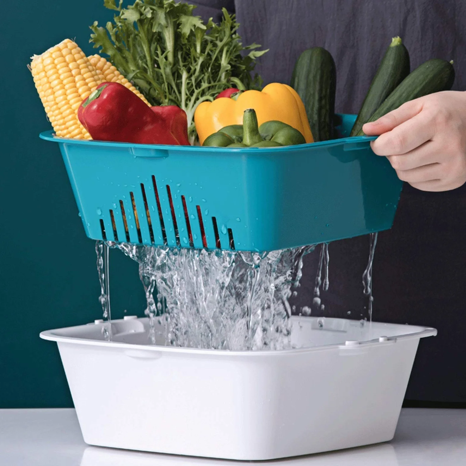 Colador, colador, colador, colador, colador, colador, colador, cesta de drenaje, cesta de drenaje de plástico 2 en 1, cesta cuadrada for frutas y verduras, recipiente de filtro desmontable con gancho