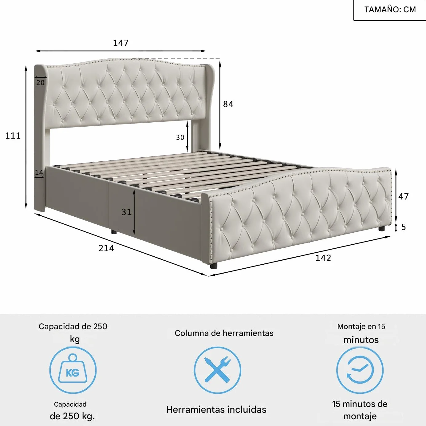 Cama Tapizada 140x200 cm con Canapé Abatible y Somier, Estructura de Cama Doble de Terciopelo con Espacio de Almacenaje, Cabecero Ondulado con Remaches, Soporta 250 kg, Blanco Crema (Sin Colchón)