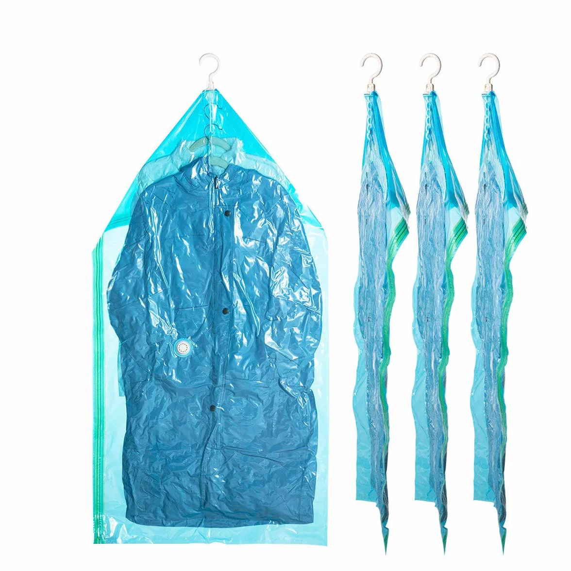 Bolsas de almacenamiento al vacío para ropa 4 piezas (135 x 70 cm) ahorro de espacio bolsas de polvo con gancho para abrigos, chaquetas, vestidos, chaqueta de abajo, traje de negocios, sin plegado