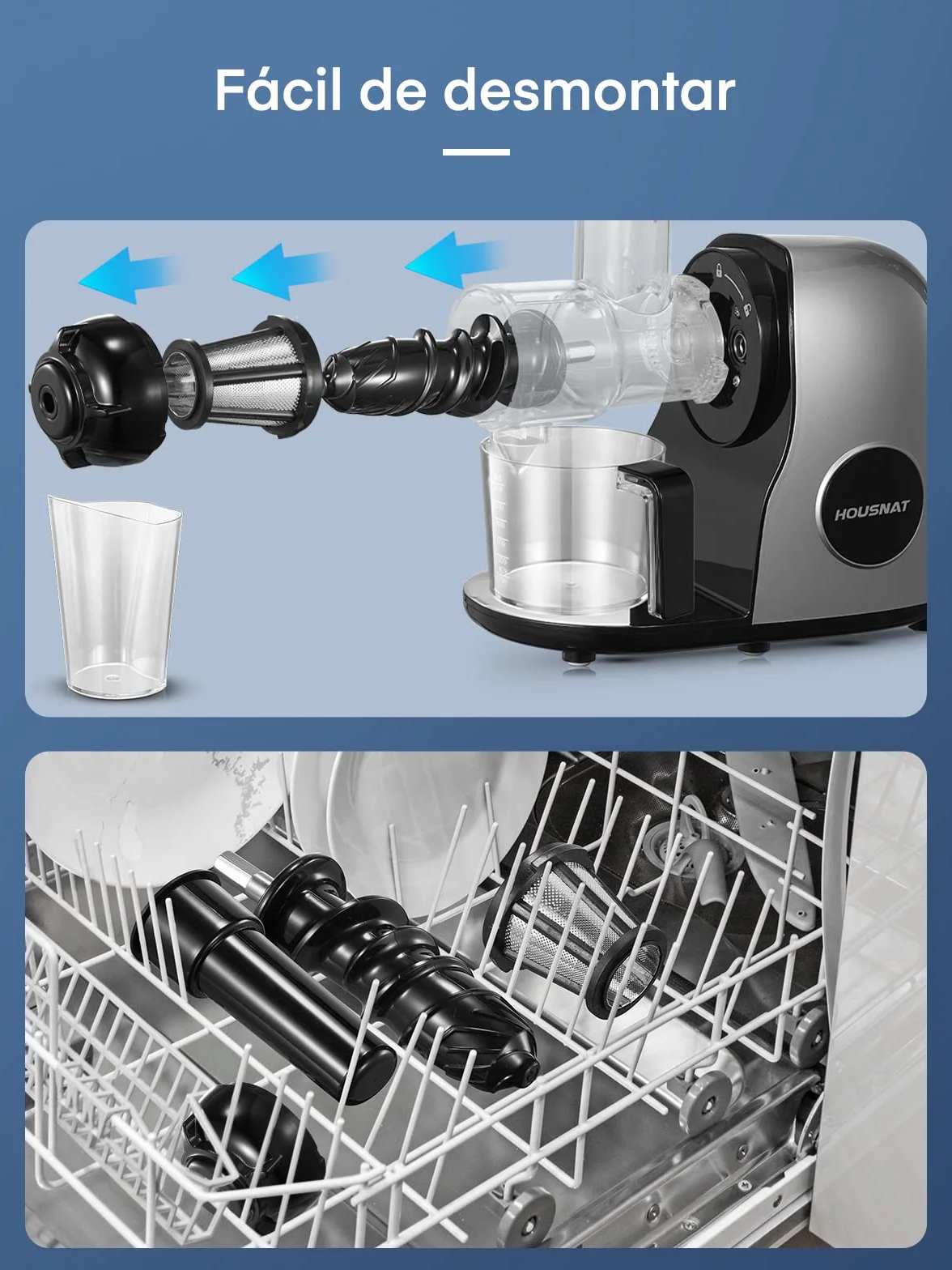 Housnat Extractor de zumos y verduras, Licuadora de Prensado en Frío con Motor Silencioso y Función Inversa, Licuadora para Verduras y Frutas Fácil de Limpiar con un Cepillo Extra, con Recetas