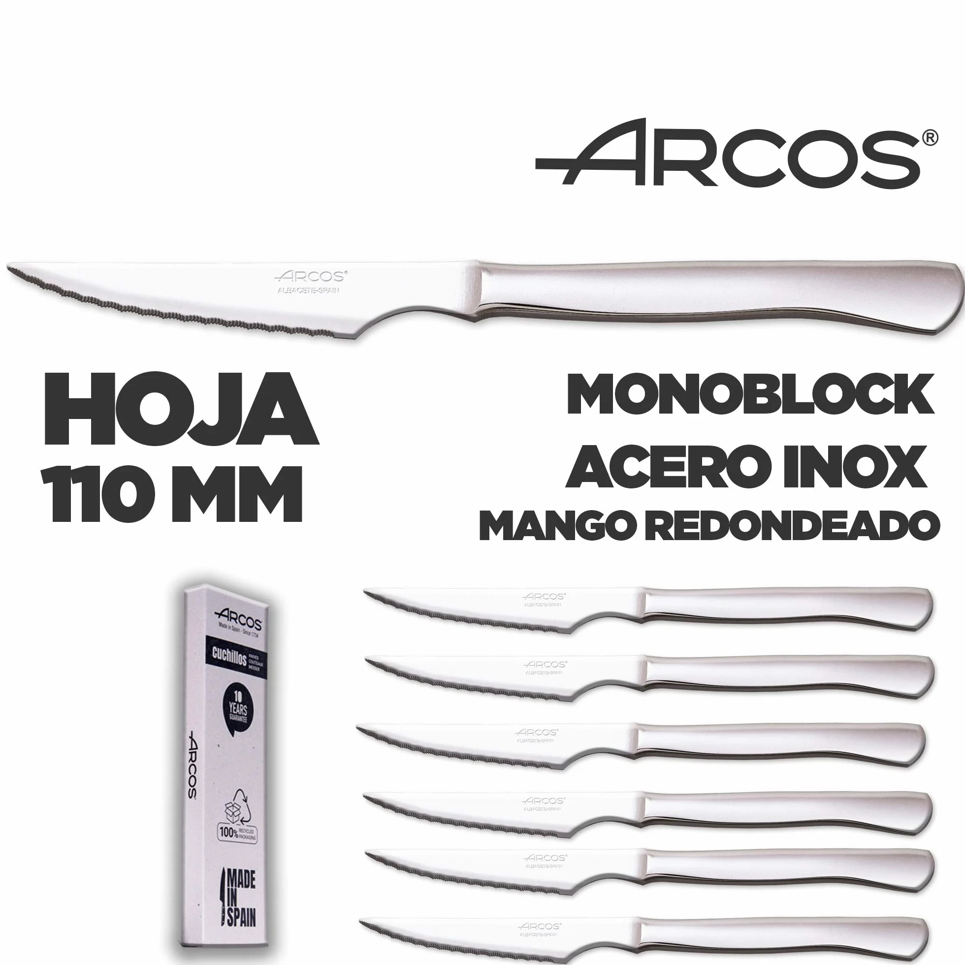 Arcos Juego Cuchillos Carne | 6 Piezas | Cuchillos carne cuchillo chuleteros | cubiertos acero inoxidable | Hoja 110 mm | mango monobloque | aptos lavavajillas | Caja Envase Ecológico