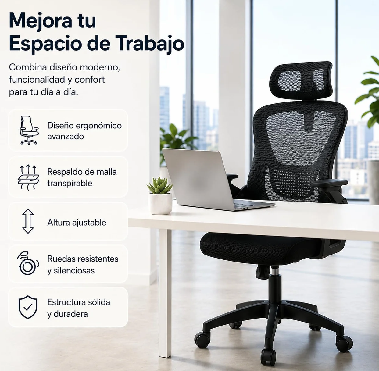 Silla de Oficina Ergonómica con Respaldo de Malla Transpirable, Soporte Lumbar y Altura Ajustable, Silla Escritorio Giratoria con Ruedas 360° (Cabecera y Brazos abatibles Negro)