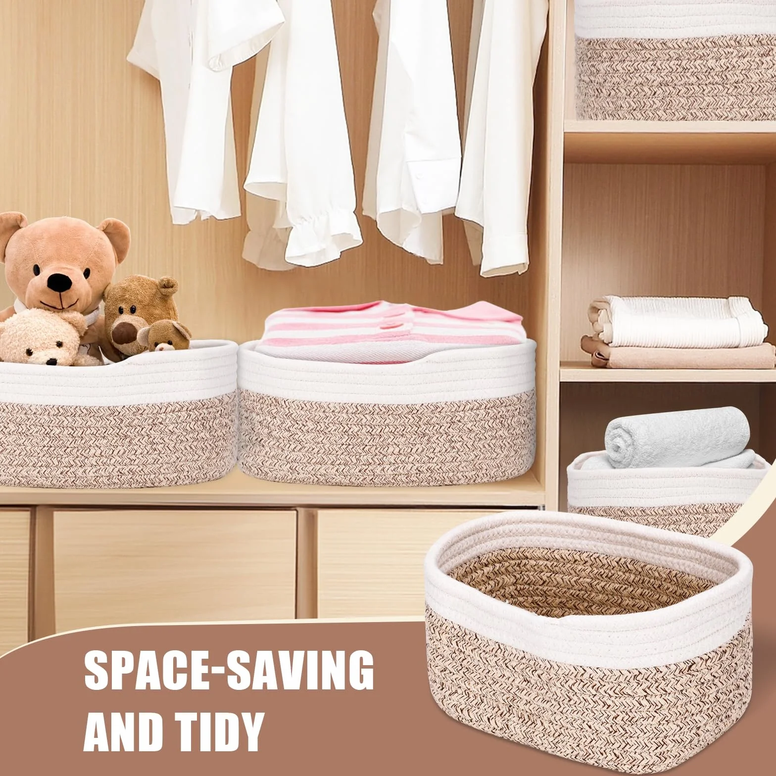 Juego de 4 Cestas Organizador de Cuerda de Algodón Apilables para Baño, Habitación Infantil y Decoración