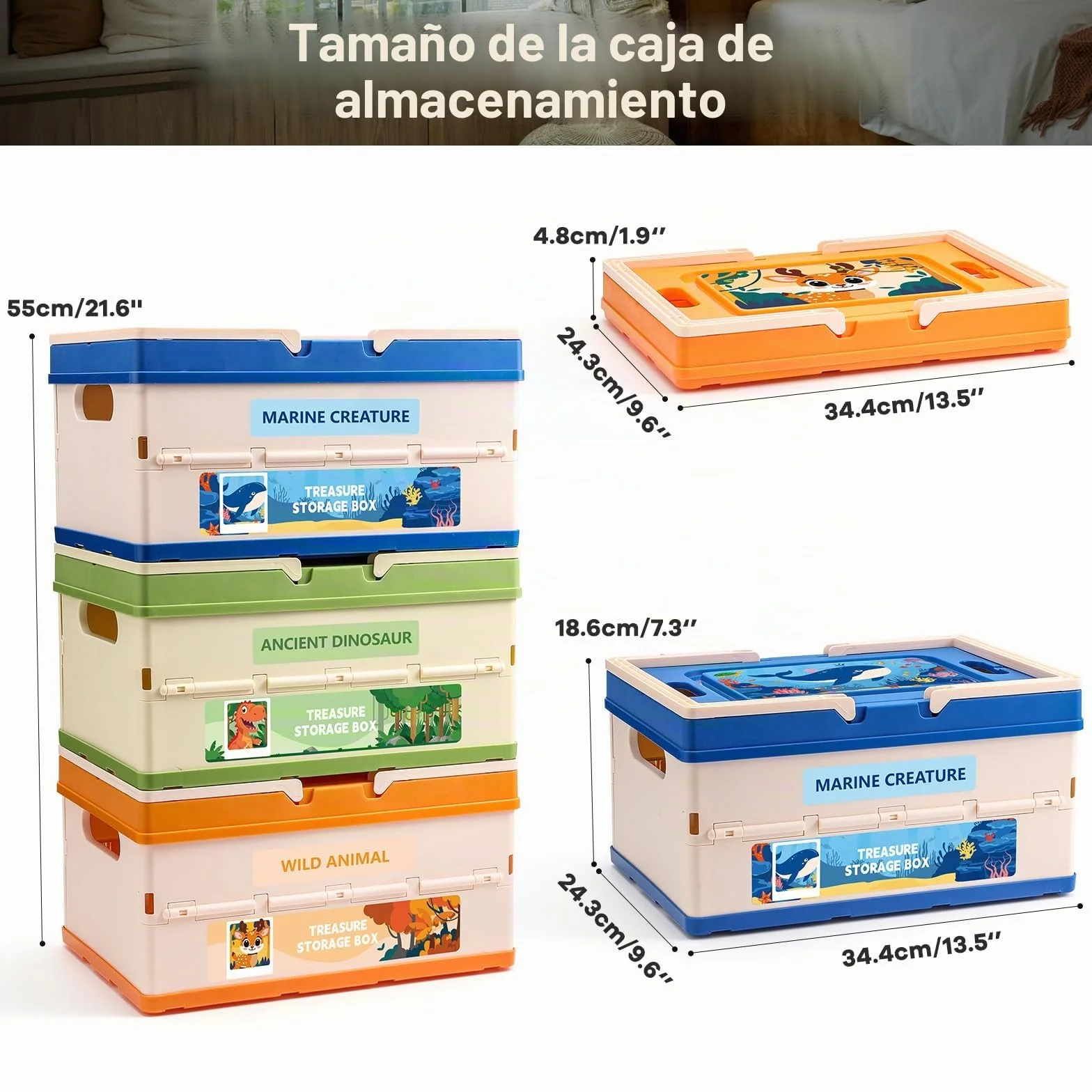 FRUSE Caja Almacenaje Infantil, Juego de 3, Caja Organizadora Plegable, Organizador Juguetes con Tapa,Cajas Almacenaje para Juguetes,Habitación de Niños,Sala de Juegos, Salones, 34,4 x 24,3 x 55 cm