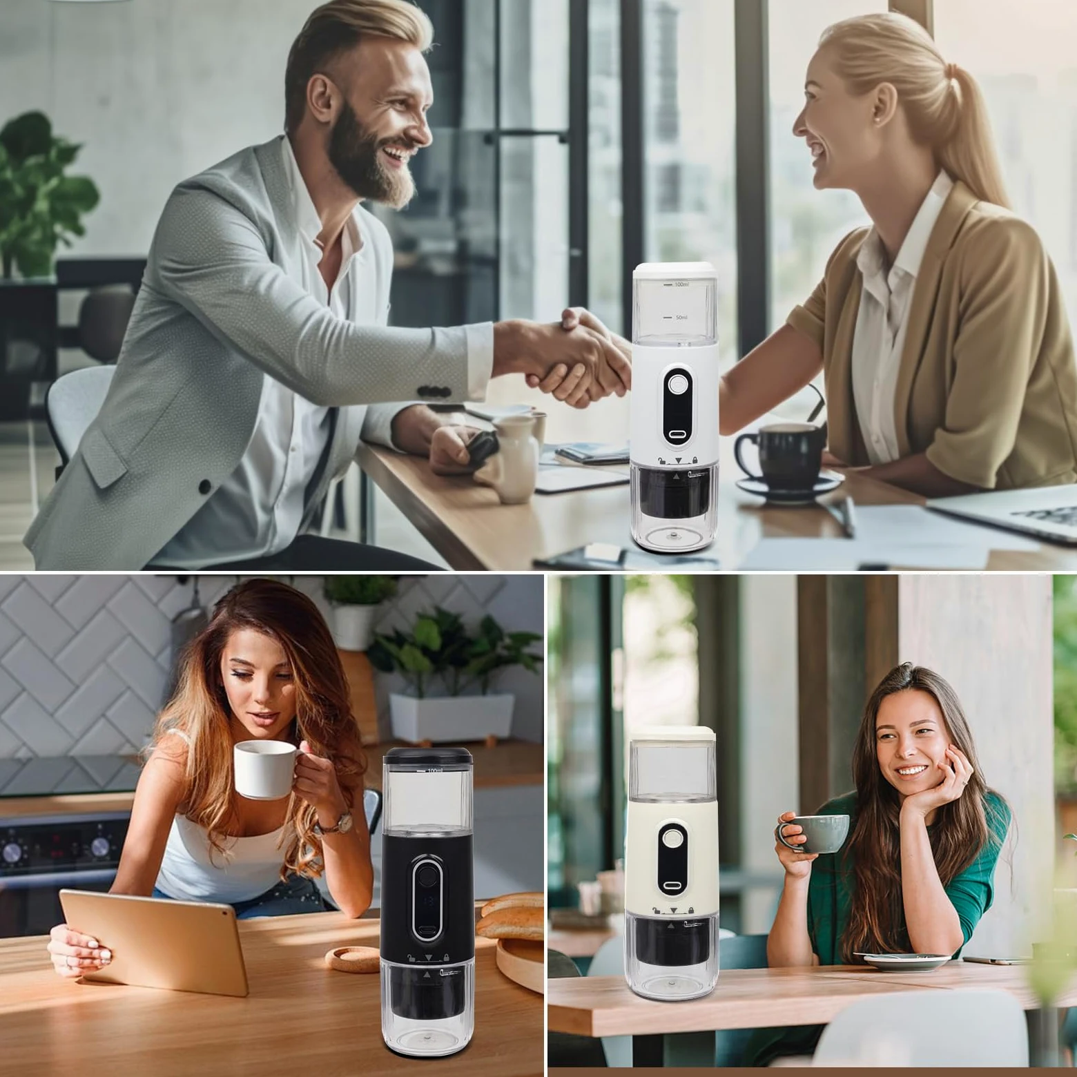 Kouamor Cafetera espresso portátil inalámbrica, cafetera de camping, autocalentamiento con USB-C, pequeña cafetera portátil compatible con café molido y cápsula NS (blanco)