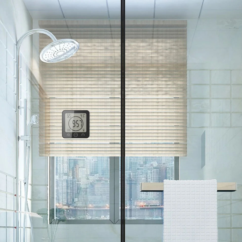 ALLOMN Reloj de Baño, LCD Reloj de Ducha Digital Alarma Impermeable Control Táctil Hum / ℉ Temperatura Humedad, Temporizador de Cuenta Regresiva, 3 Métodos de Montaje, Energía de la Batería (Negro)