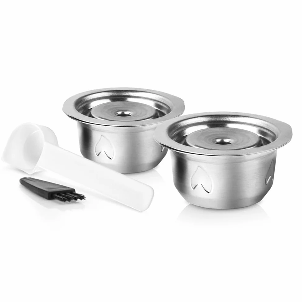 Cápsulas de café reutilizables de acero inoxidable, juego de filtros recargables con tapa y cepillo de cuchara, carcasa de metal respetuosa con el medio ambiente para preparar la cocina en