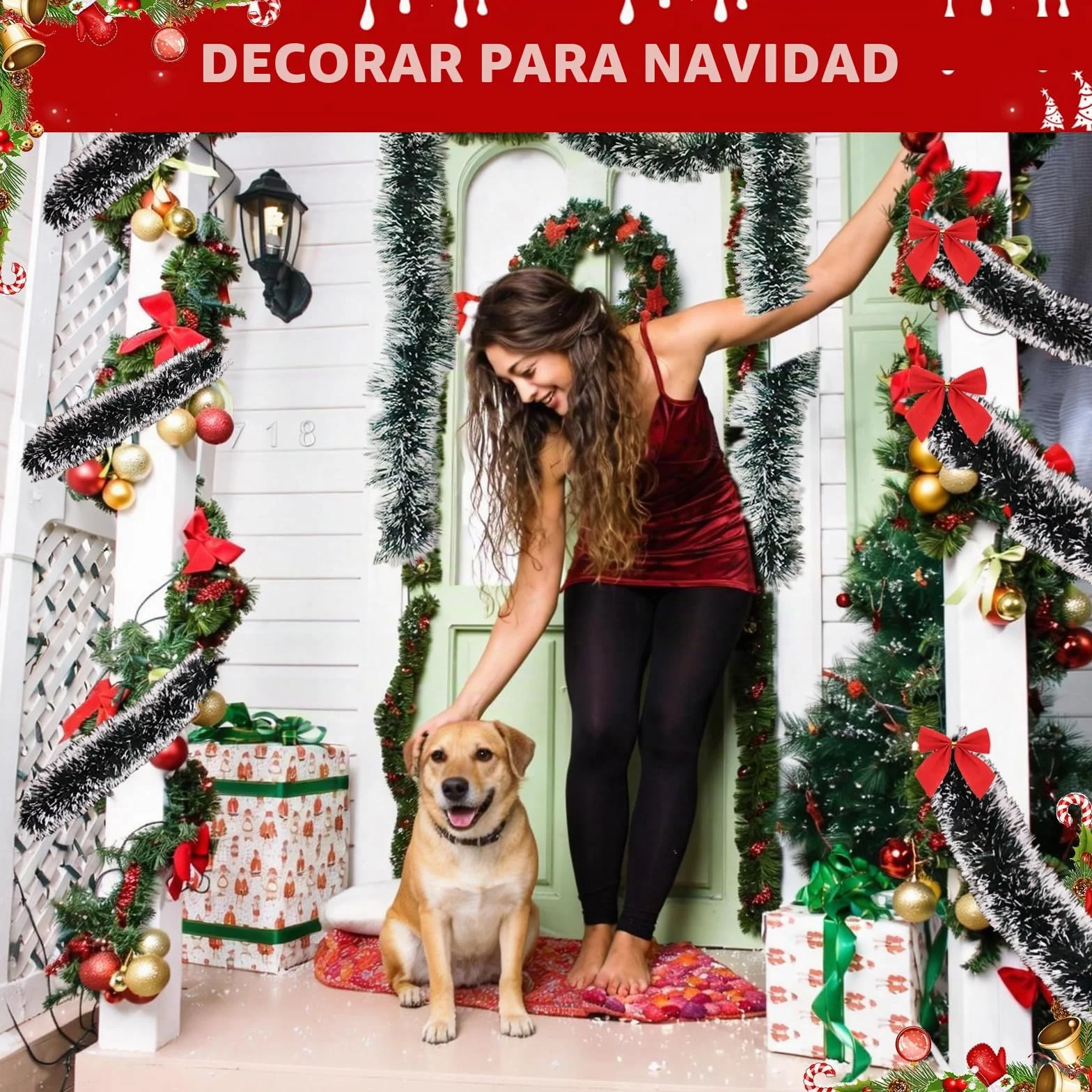 Guirnalda Navidad 10m + 24pcs Lazos Arbol Navidad Rojos, Grinalda Natal, Christmas Garland, Espumillón Verde Grueso, Decoración Navideña Guirnalda para Interior y Exterior, para Puertas Escaleras