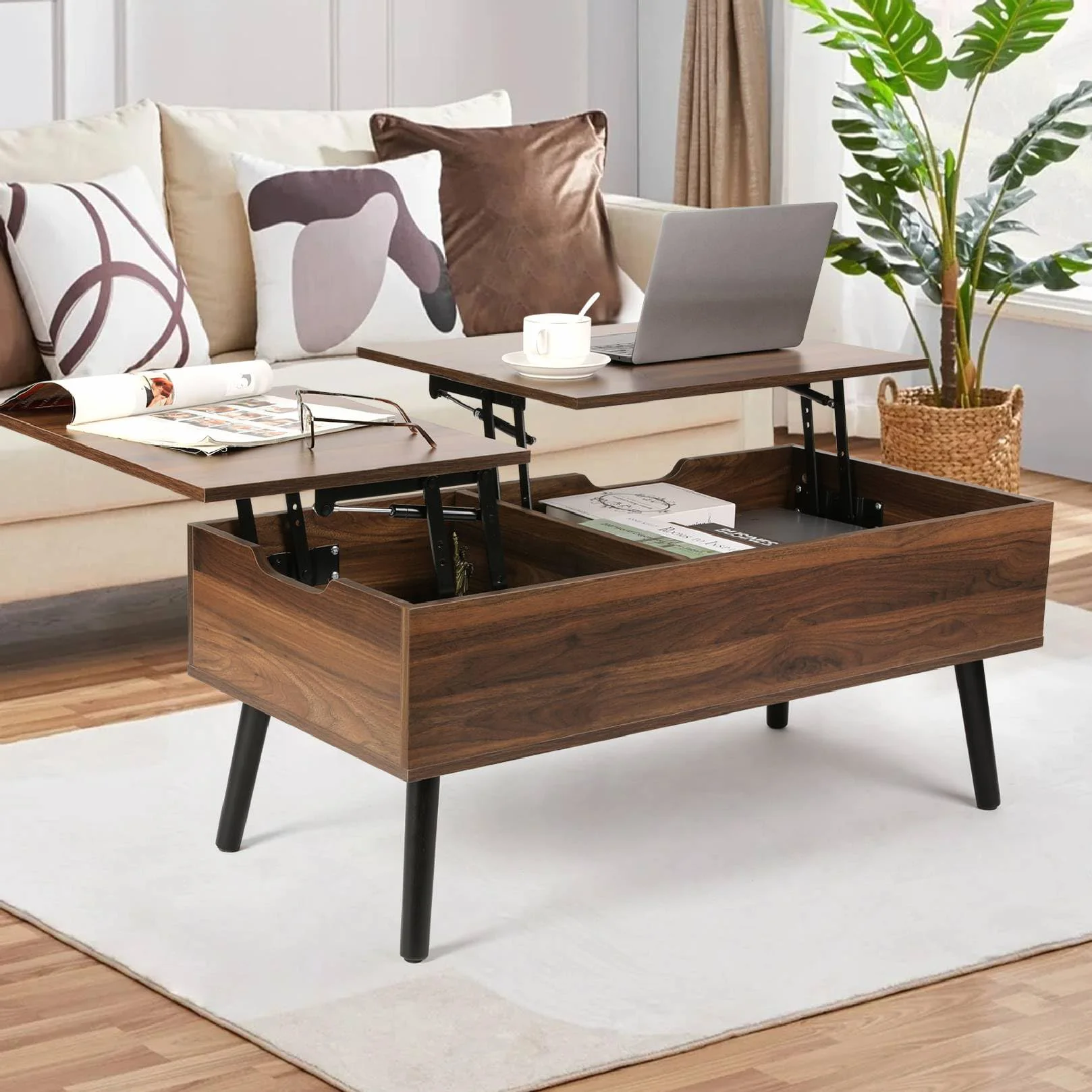 VOWNER Mesa de Centro, Mesa de Centro Regulable en Altura, Extraíble, Extensible, Compartimento de Almacenaje Oculto Independiente, Tablero Elevable Doble, Mesa de Sofá de Salón, Nogal Color
