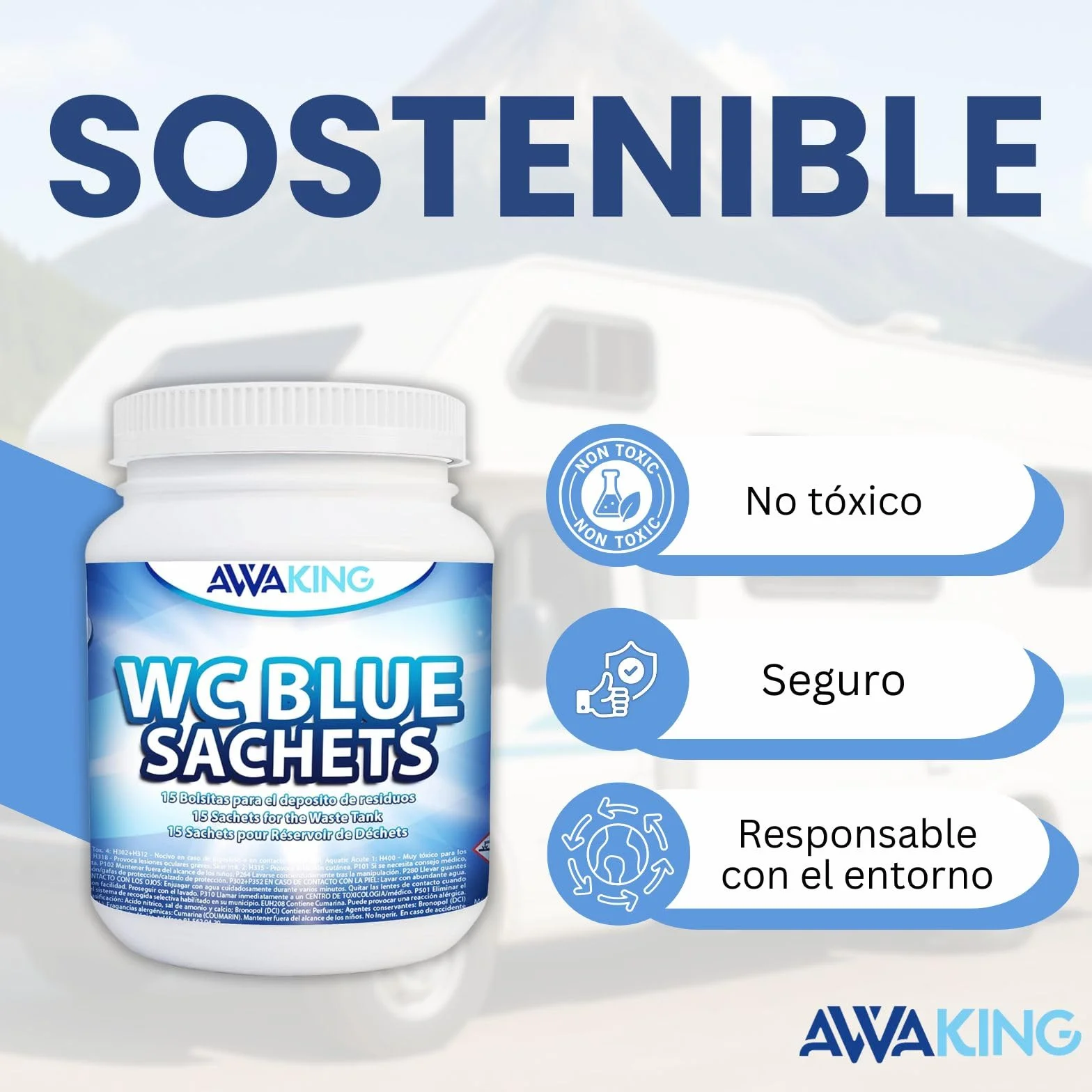Pastillas WC Quimico Autocaravana Blue Sachets 15ud Limpia Desodoriza Aroma Fresco Depósito Aguas Negras Potti Cassete Caravana Camper