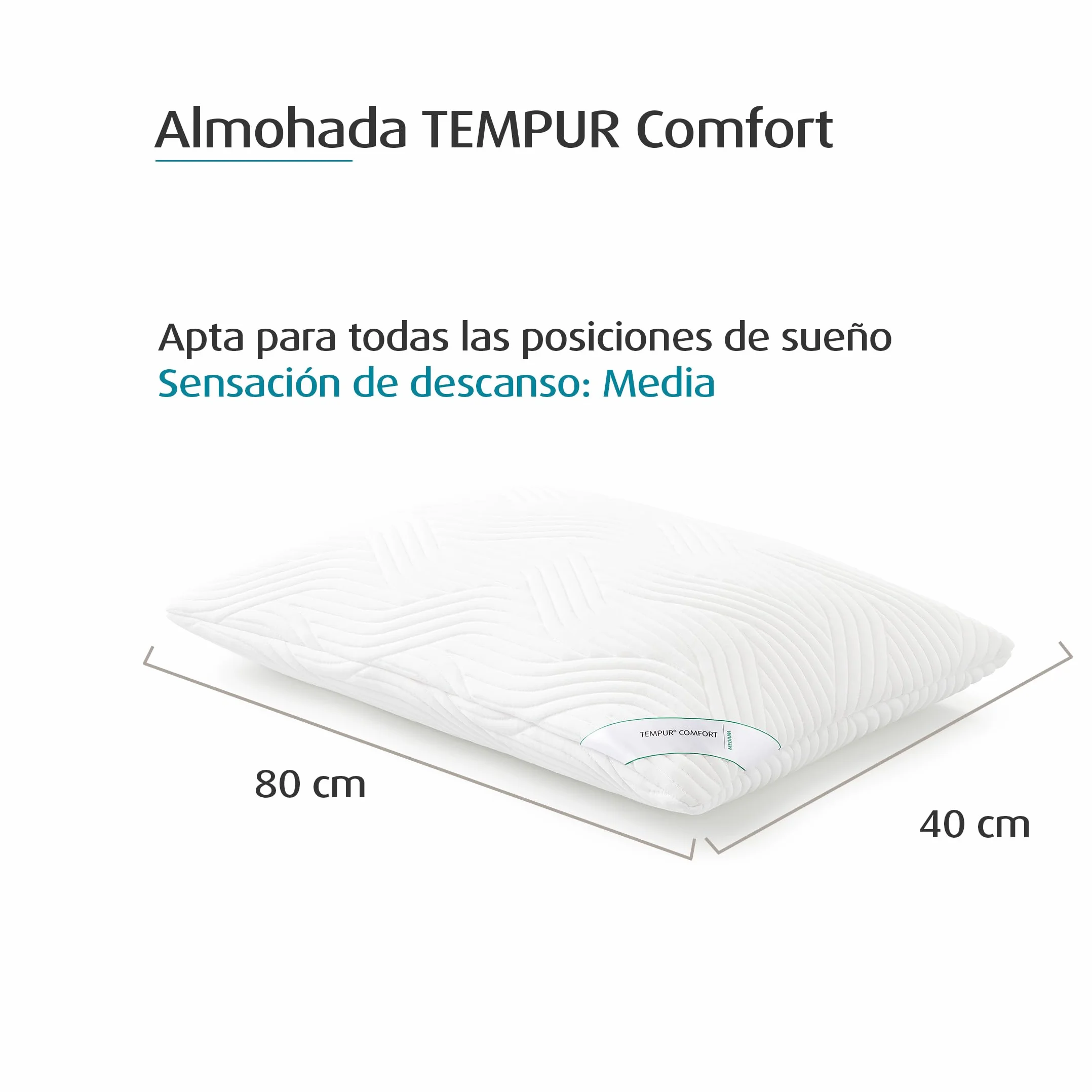 TEMPUR Comfort Medium Almohada para Dormir, Almohada clásica para Todas Las Posiciones de Dormir, Funda Lavable, Oeko-Tex Made IN Green, sensación de firmeza Media, 40 x 80 cm