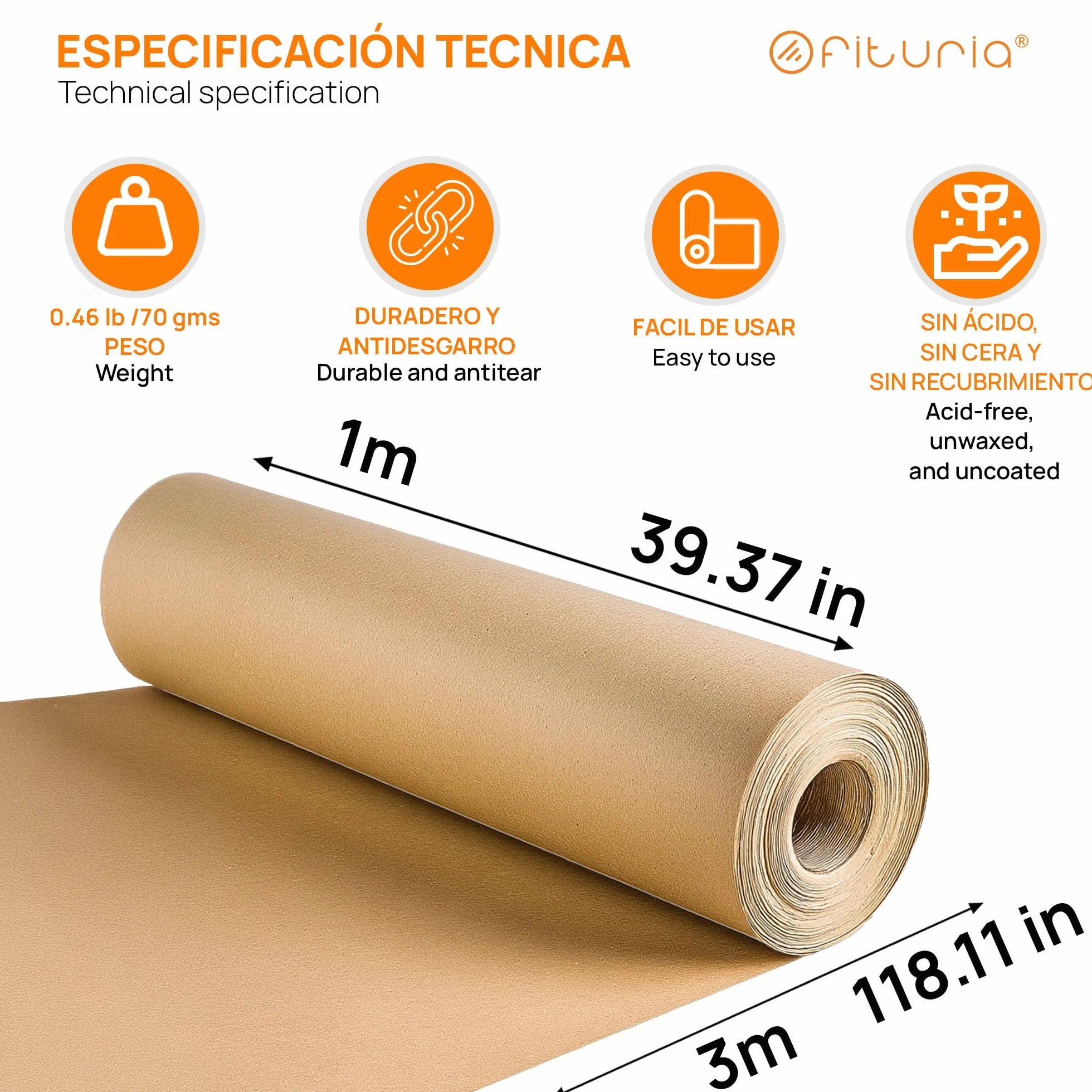 OFITURIA Papel Kraft Marrón Natural 70 g/m² - Rollo 1×3 m - 1 Rollo - Para Embalaje, Manualidades y Decoración - Resistente y Fácil de Cortar - Compatible con Pinturas y Crayones