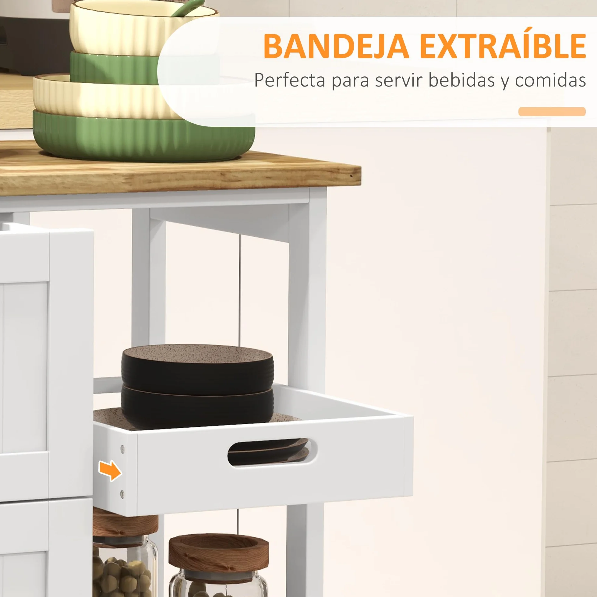HOMCOM Carro de Cocina Carrito Auxiliar con Ruedas Tablero de Madera 3 Cajones 2 Estantes Abiertos y Bandeja Extraíble para Comedor Salón 67x37x85,5 cm Blanco