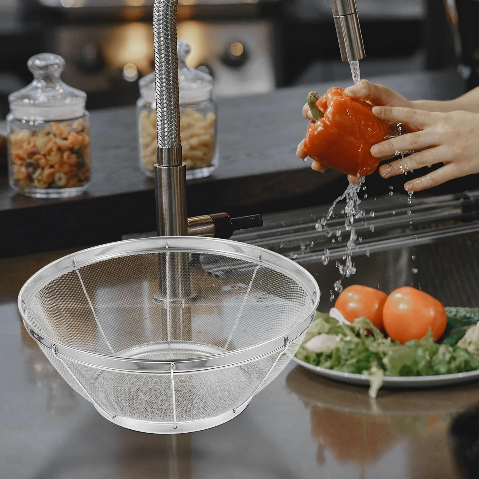 jojofuny Coladores de Cocina de Acero Inoxidable 5 Piezas Malla Fina Redonda Resistentes a Deformación para Lavar Frutas y Arroz en Cocina
