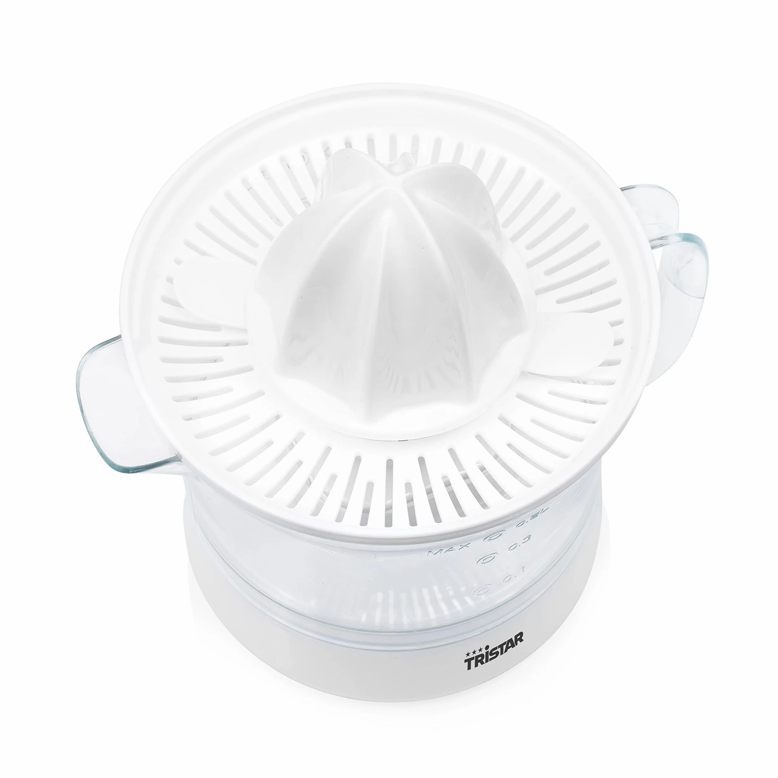 Tristar CP-3005 Exprimidor de cítricos · 25W · Capacidad de 0.5 L, 2 conos de diferente tamaño incluidos, Jarra extraíble, Tapa transparente antipolvo, libre de BPA, blanco