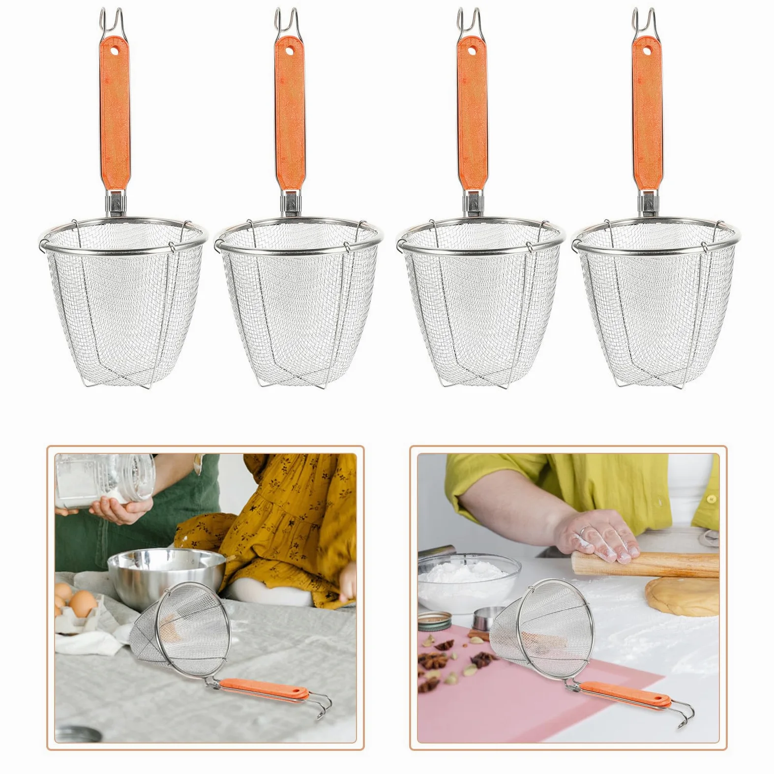 BESPORTBLE Colador de Malla Fina para Fideos de Acero Inoxidable con Mango de Madera 14 Cm, Utensilio de Cocina Práctico para Escurrir Pasta y Sopa, Set de 4 Piezas para Uso Doméstico