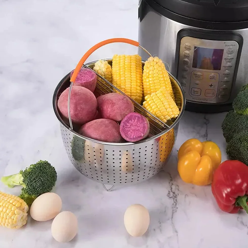 Cesta de Vapor Acero Inoxidable, Cesto Accesorio para Cocción, Cesta de Vapor de Vegetales, Multiusos Cesto de Limpieza de Frutas con Mango de Silicona para Cocinas, Restaurantes (8QT)