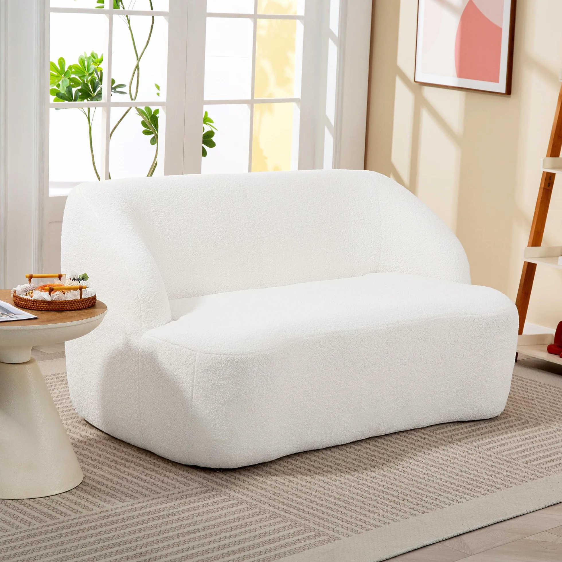 HOMCOM Sofá de 2 Plazas Tapizado en Borreguito Sofá de Salón de 142 cm con Diseño Curvo Acolchado Grueso No Requiere Montaje para Dormitorio Sala de Estar Oficina Crema
