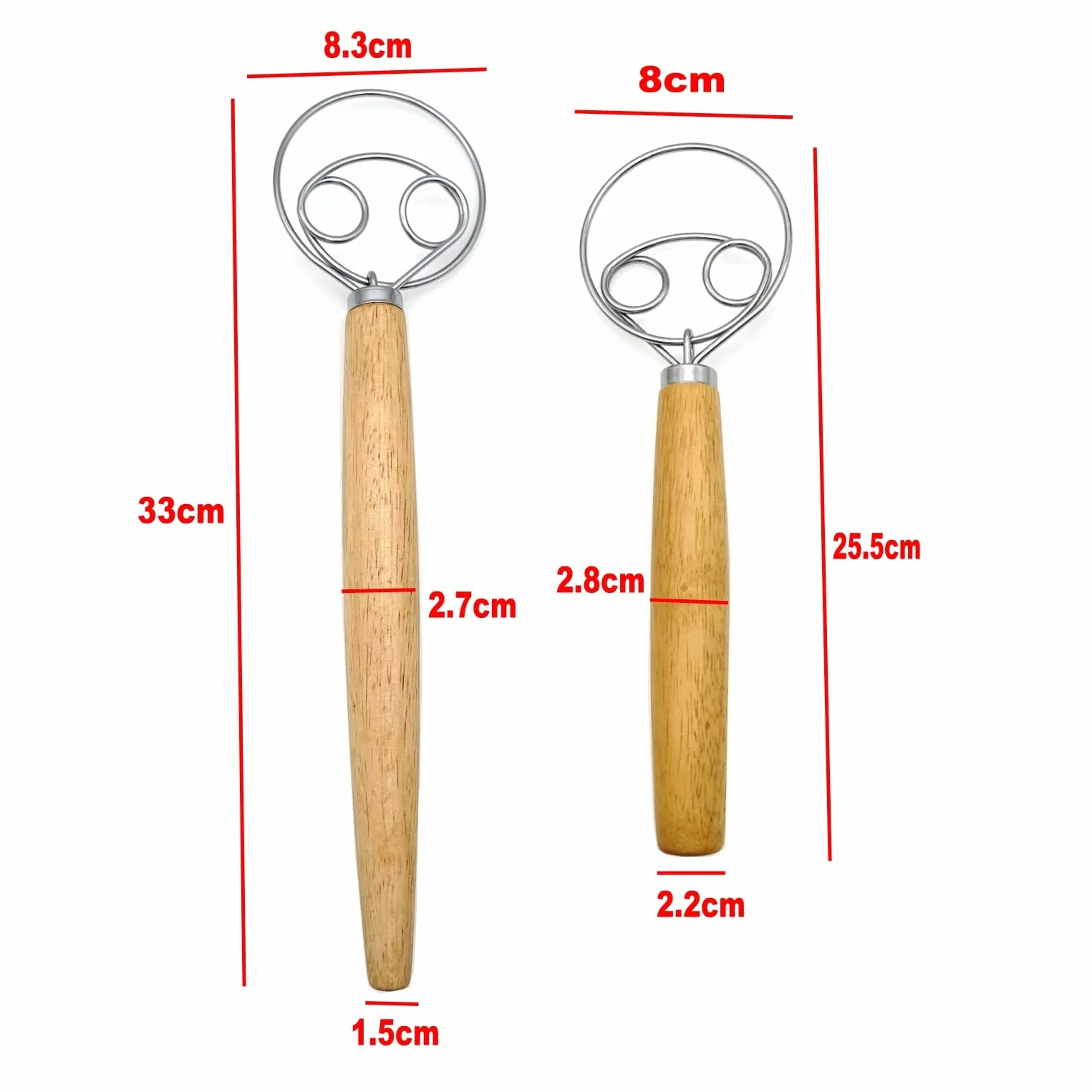 JZK Batidor de Masa Danés de 33 cm y 25.5 cm, 2 piezas con mango largo de madera, batidor para pan, galletas y pasteles, herramienta manual para amasar y hornear