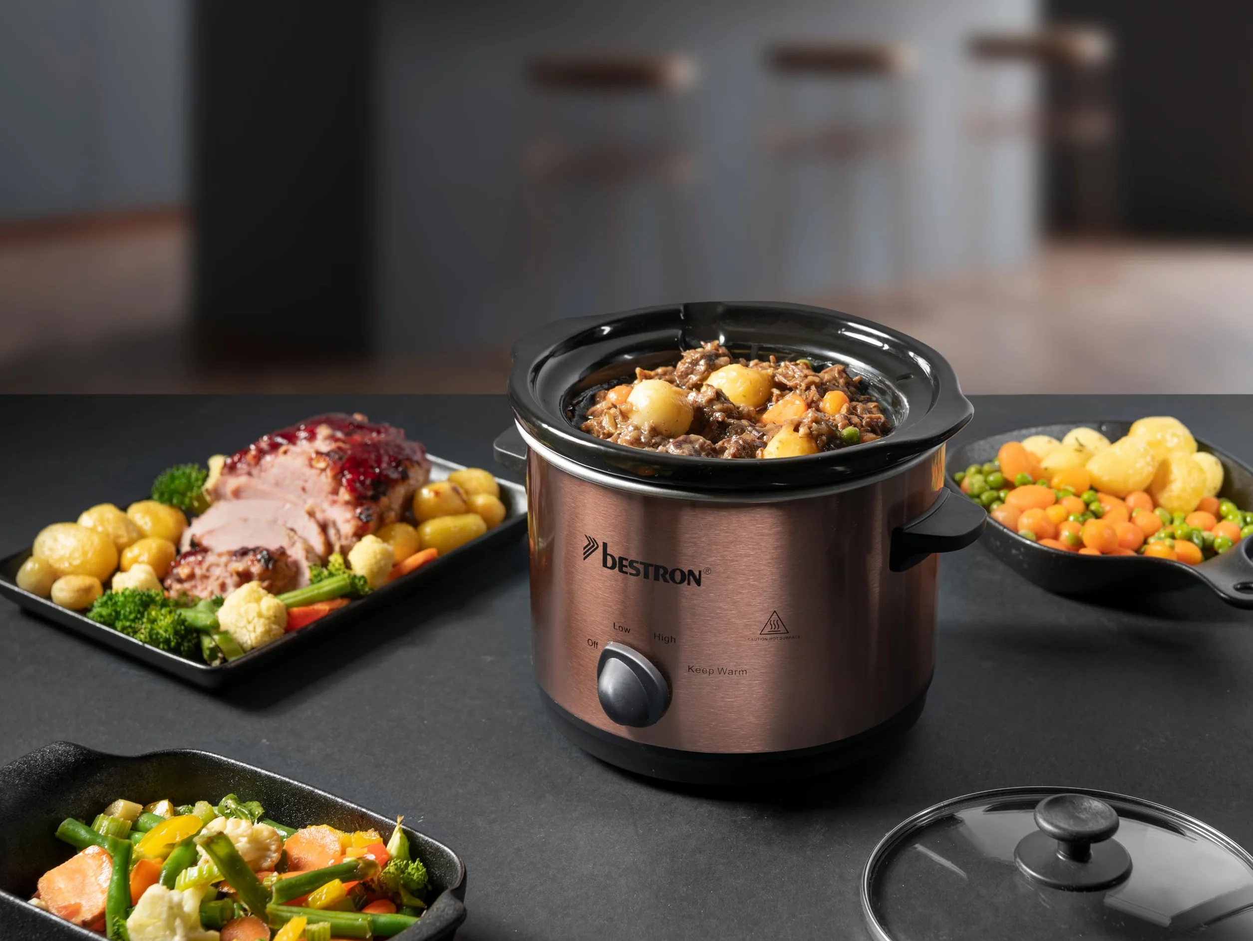 Bestron Slowcooker 1.5 L Olla de Cocción Lenta Cerámica 3 Niveles Cobre