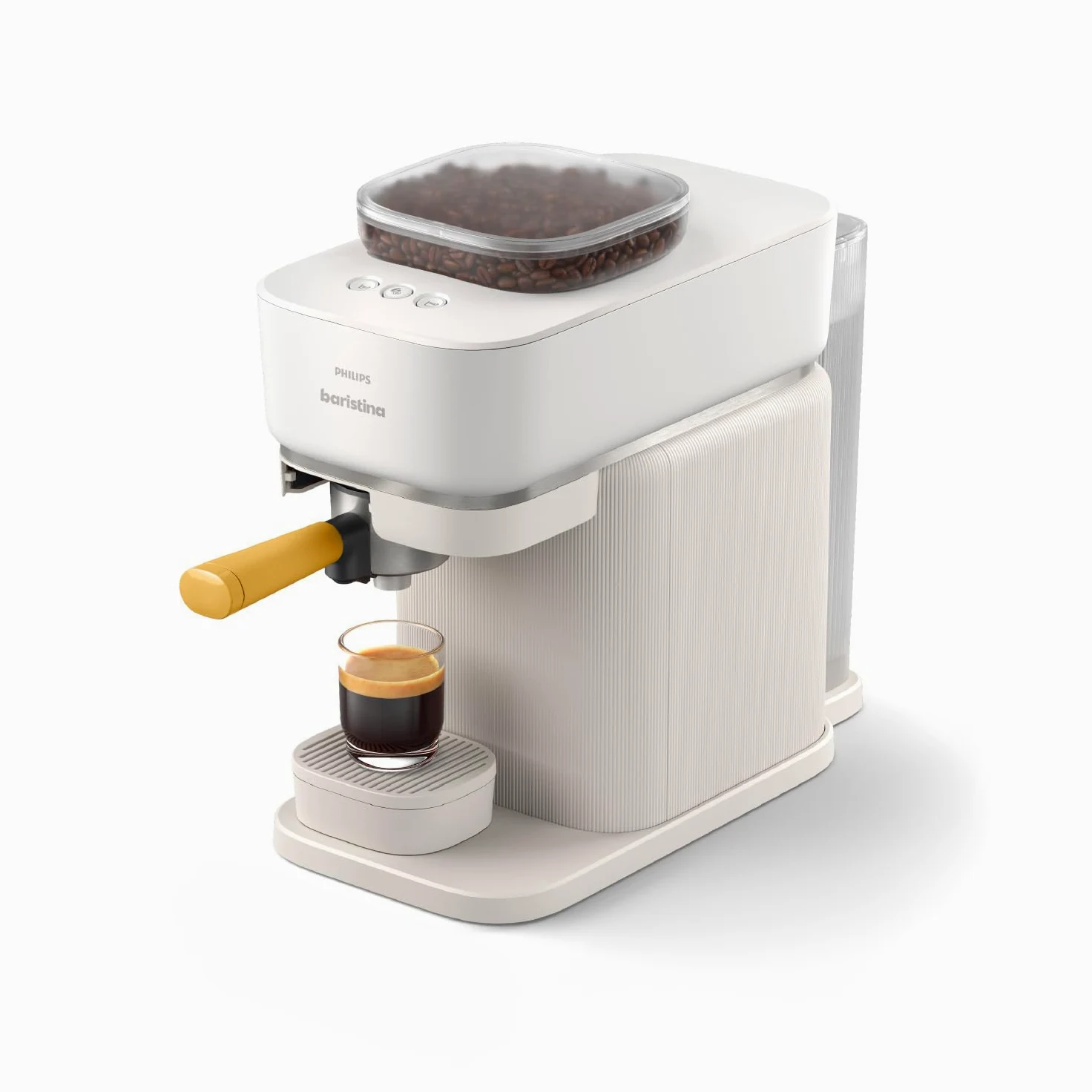 PHILIPS Baristina Cafetera Espresso Molienda, Prensado y Preparación Automáticos, 16 Bares, Espresso, Lungo, Tamaño Compacto, Blanco Natural con Portafiltro Amarillo, Cafetera con Molinillo BAR305/03