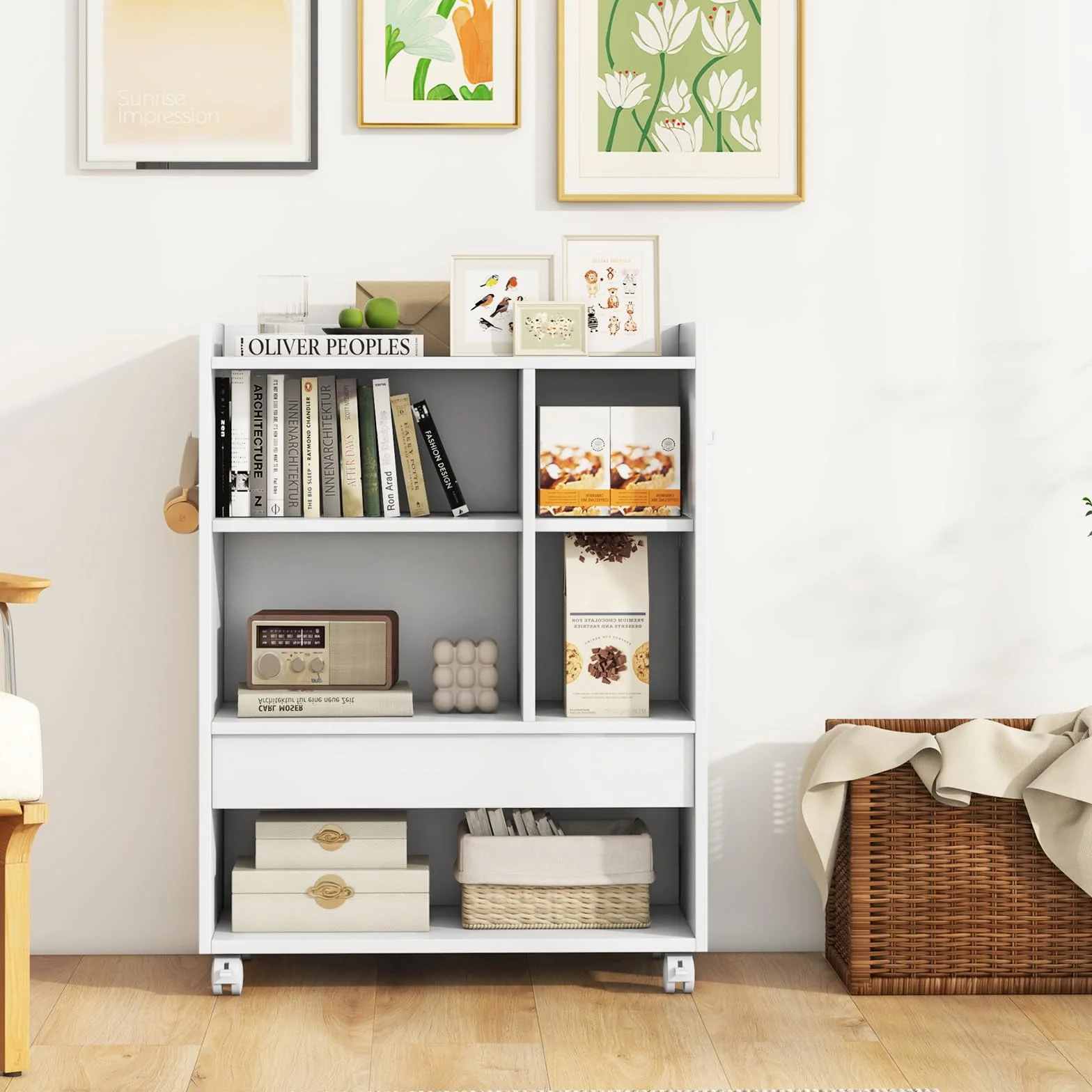 KOMFOTTEU Archivador Móvil con Ruedas, Soporte para Impresora con Cajón, Estantes Ajustables, Gancho, Mueble de Almacenamiento para Salón, Estudio, Oficina, 63,5 x 30 x 84,5 cm (Blanco)