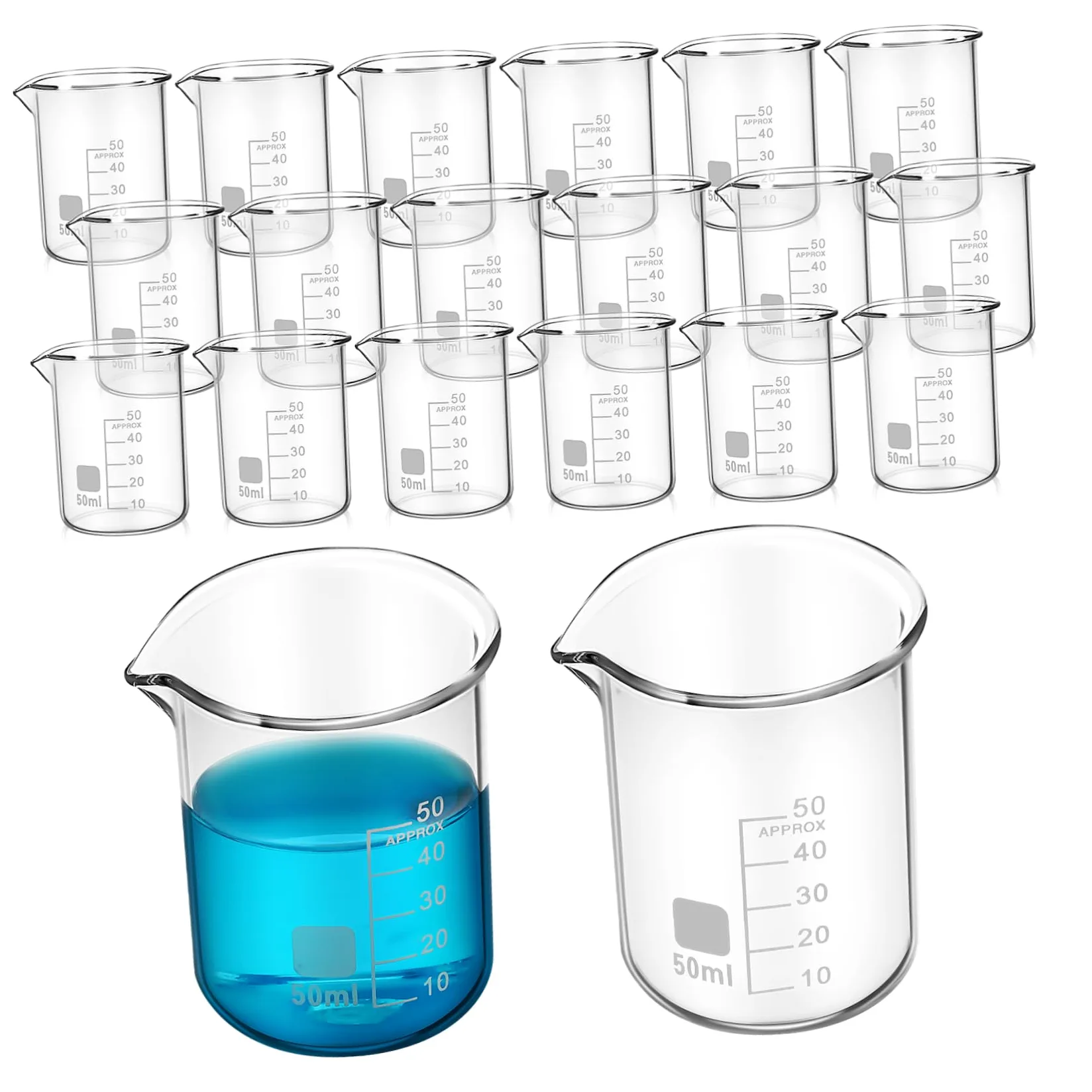 Amosfun Vasos Medidores de Vidrio Transparentes 20 Fáciles de Limpiar y Versátiles de 50ml Ideales para Laboratorio y Uso Científico