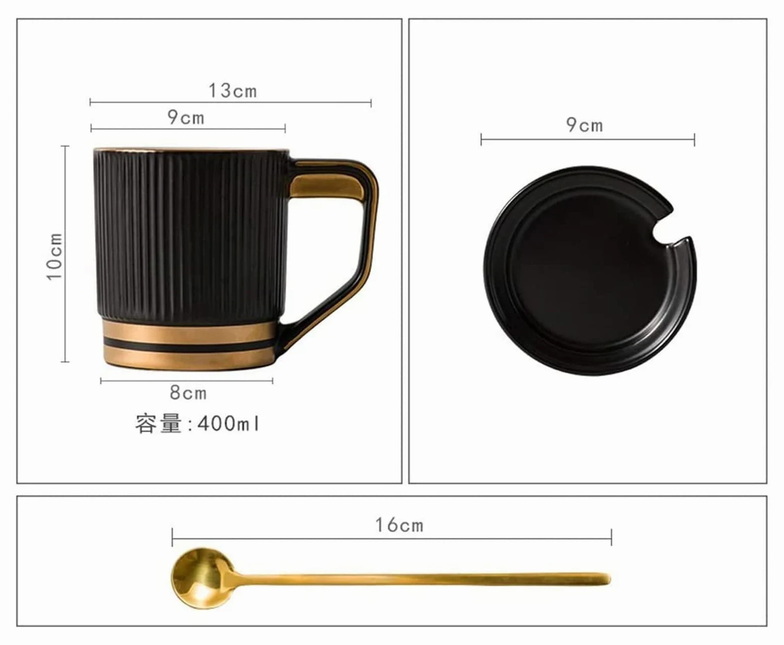 Taza de café de cerámica, taza de té para oficina y hogar, taza de café de cerámica con tapa y cucharadita dorada, decoración de borde dorado, taza de desayuno de gran capacidad, taza de té Wate