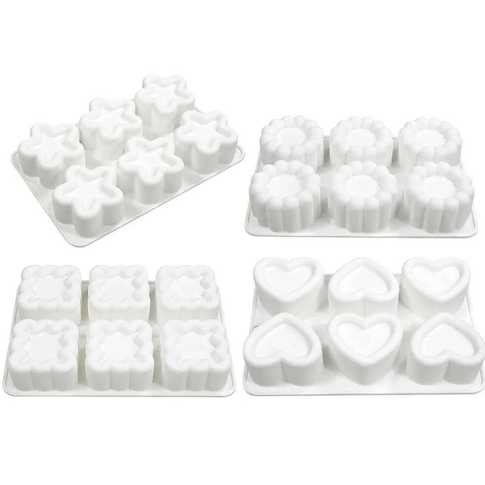 Moldes de silicona de 6 cavidades con forma de flor, corazón, estrellas, cuadrados, para decoración de cubitos de hielo para tartas caseras, chocolate, magdalenas, moldes para manualidades (4