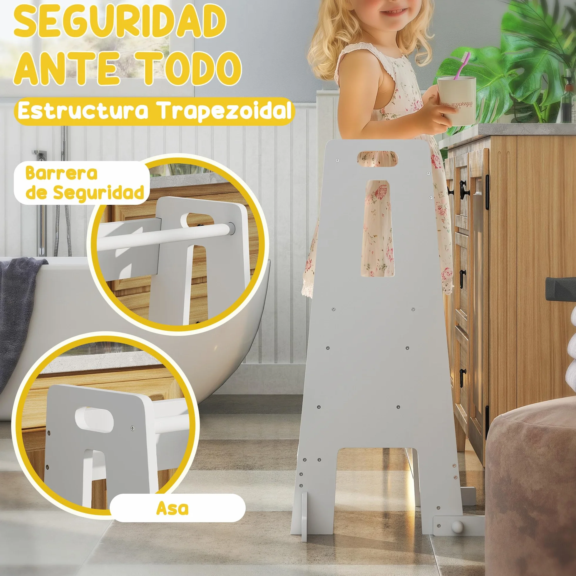 AIYAPLAY Torre de Aprendizaje de Madera para Niños +3 Años Altura Ajustable 3 Niveles Barrera de Seguridad 45x47,5x91 cm Blanco